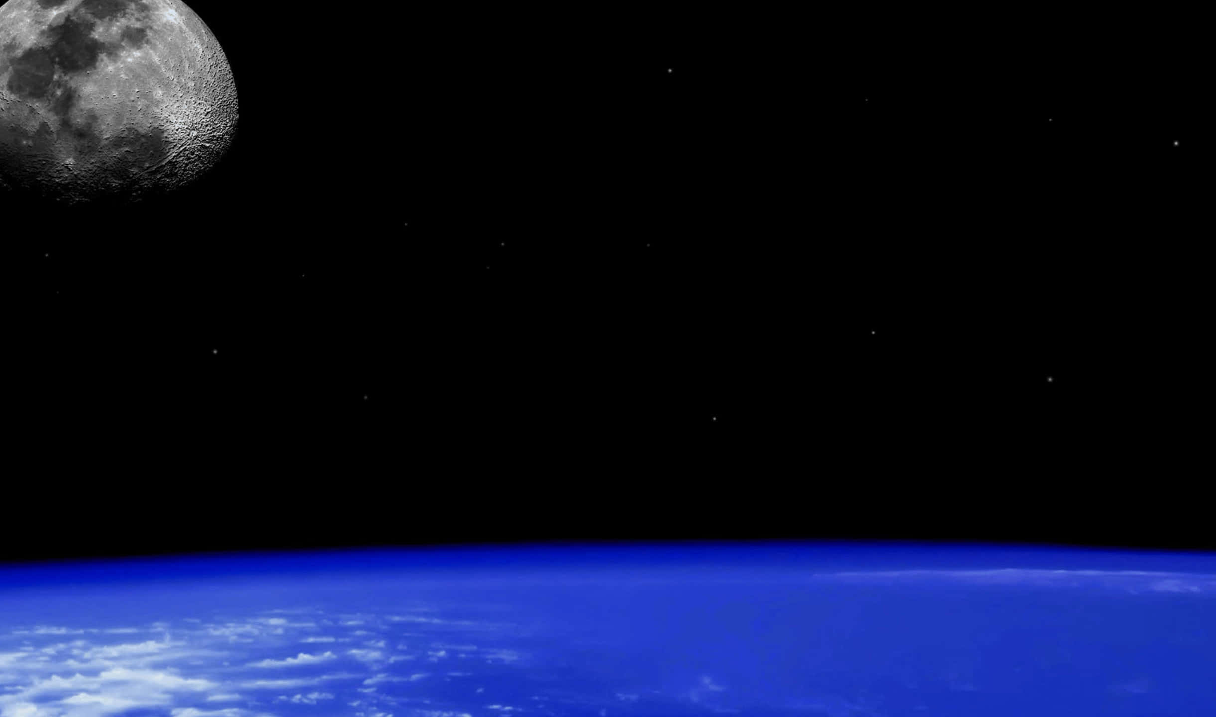 2440x1440 Monitor 桌布 壁紙 — 從太空俯瞰地球彎曲的藍色地平線，月球在繁星點點的黑色天空中顯得巨大，令人嘆為觀止。