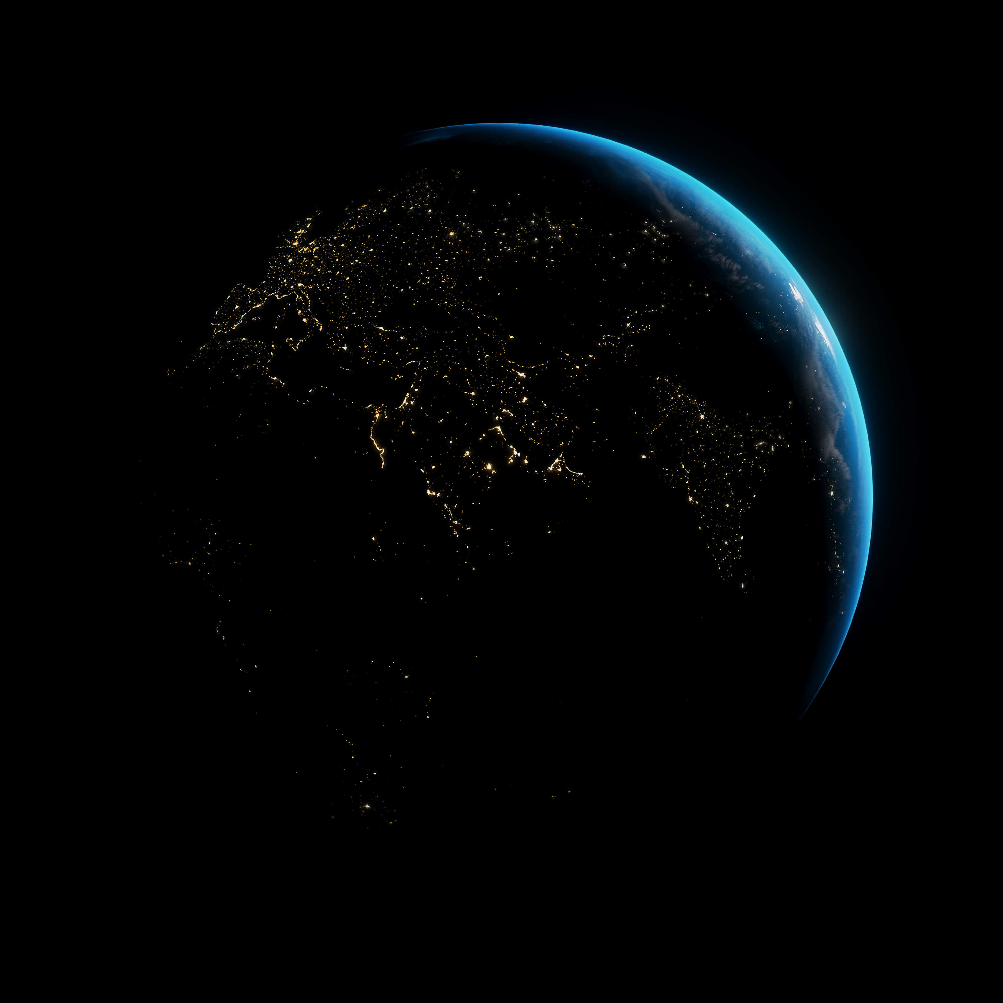 地球 桌布 壁紙 — 從太空俯瞰地球的壯麗夜景，城市燈光在黑暗的宇宙背景下照亮各大洲。