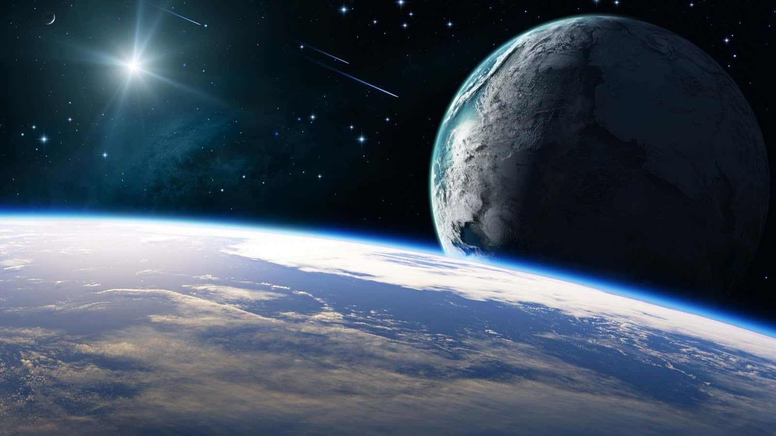 外太空 桌布 壁紙 — 從太空俯瞰地球的壯麗景色，一顆明亮的恆星和流星劃過宇宙背景。