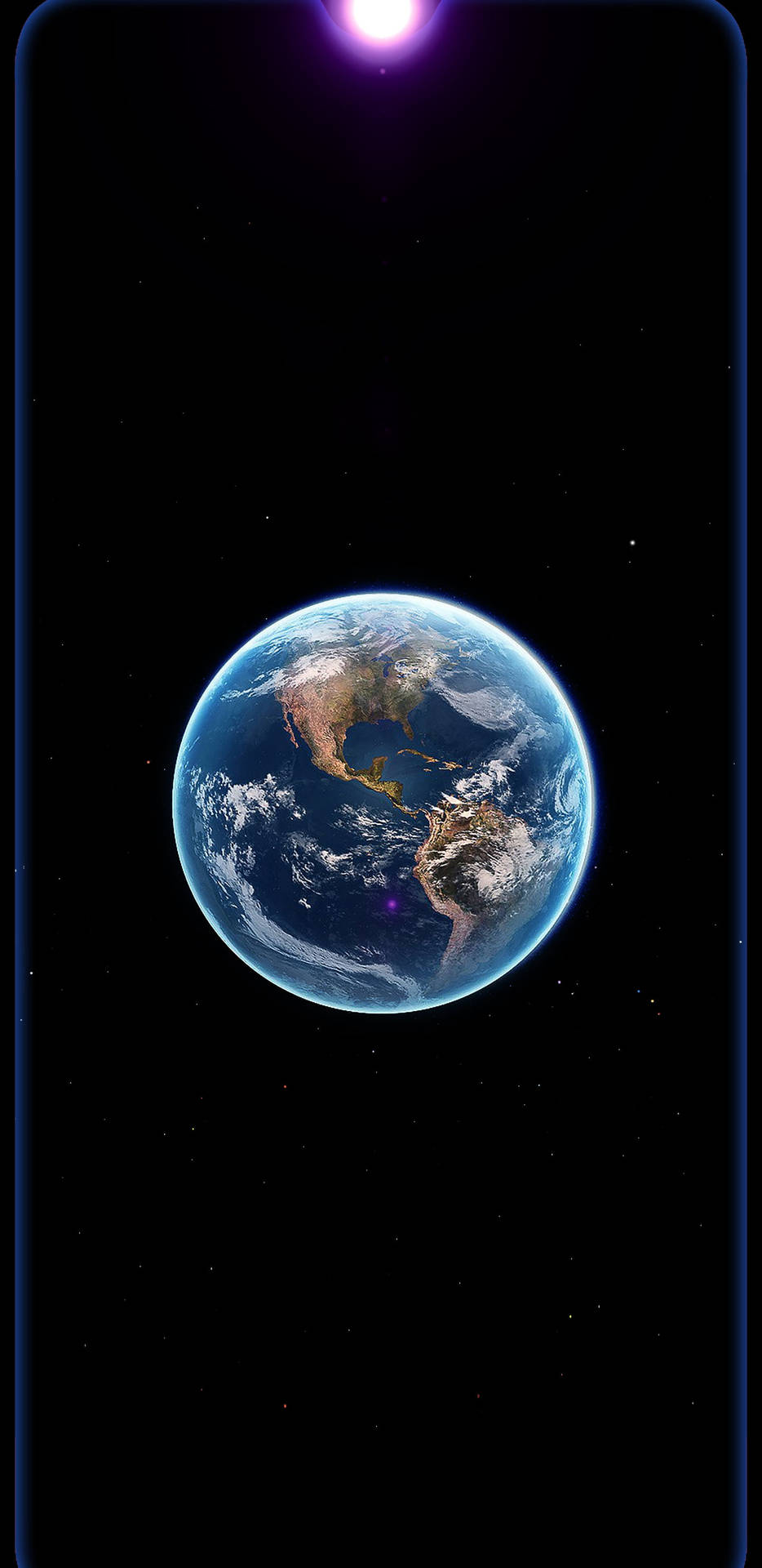 從太空看到的地球，帶有發光的紫色太陽和星空背景。 — 2k GIF 壁紙