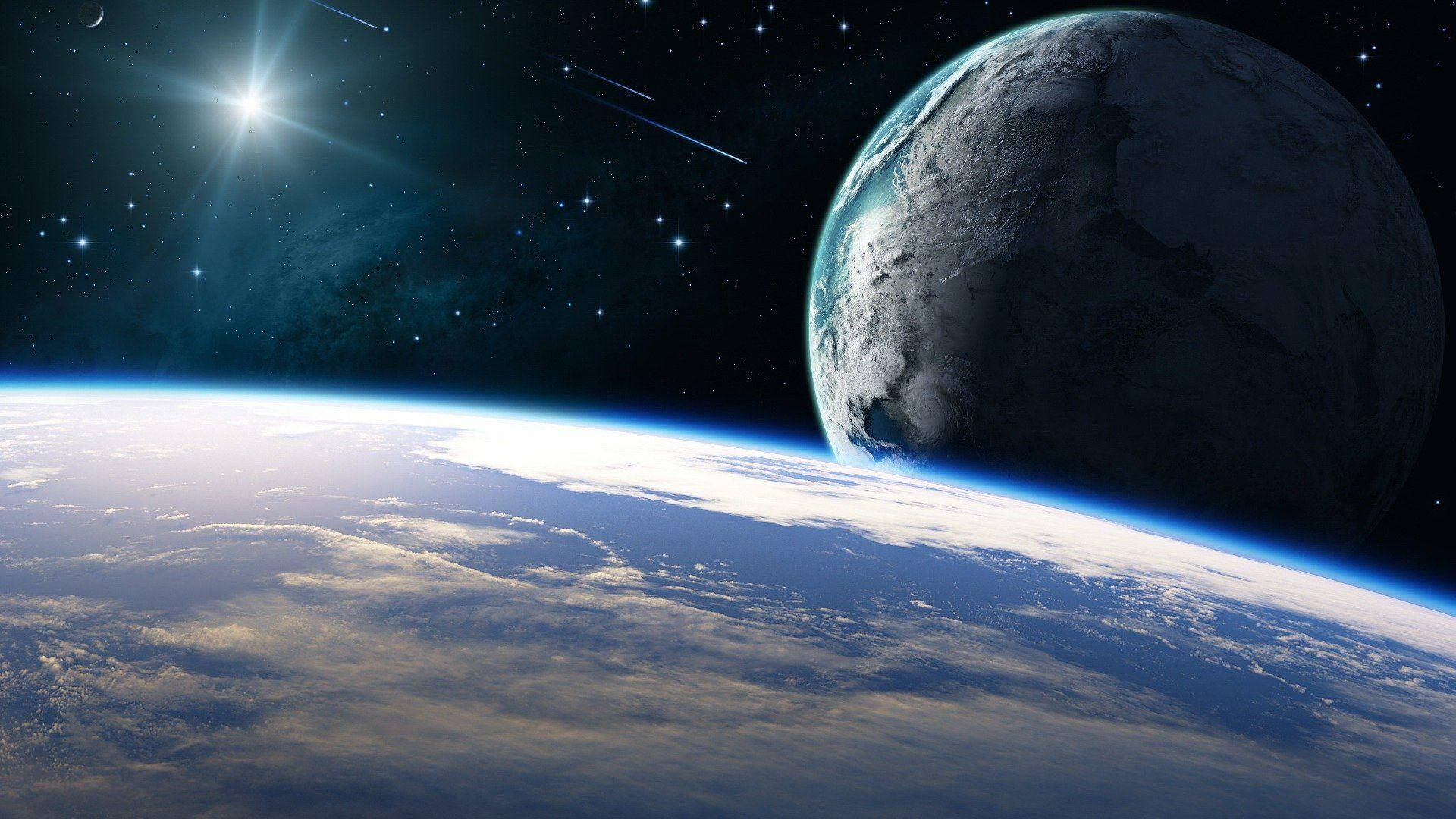 太空美學動圖 桌布 壁紙 — 從太空俯瞰地球的壯麗景色，伴隨著明亮的星爆太陽和另一顆行星在宇宙背景中隱現。