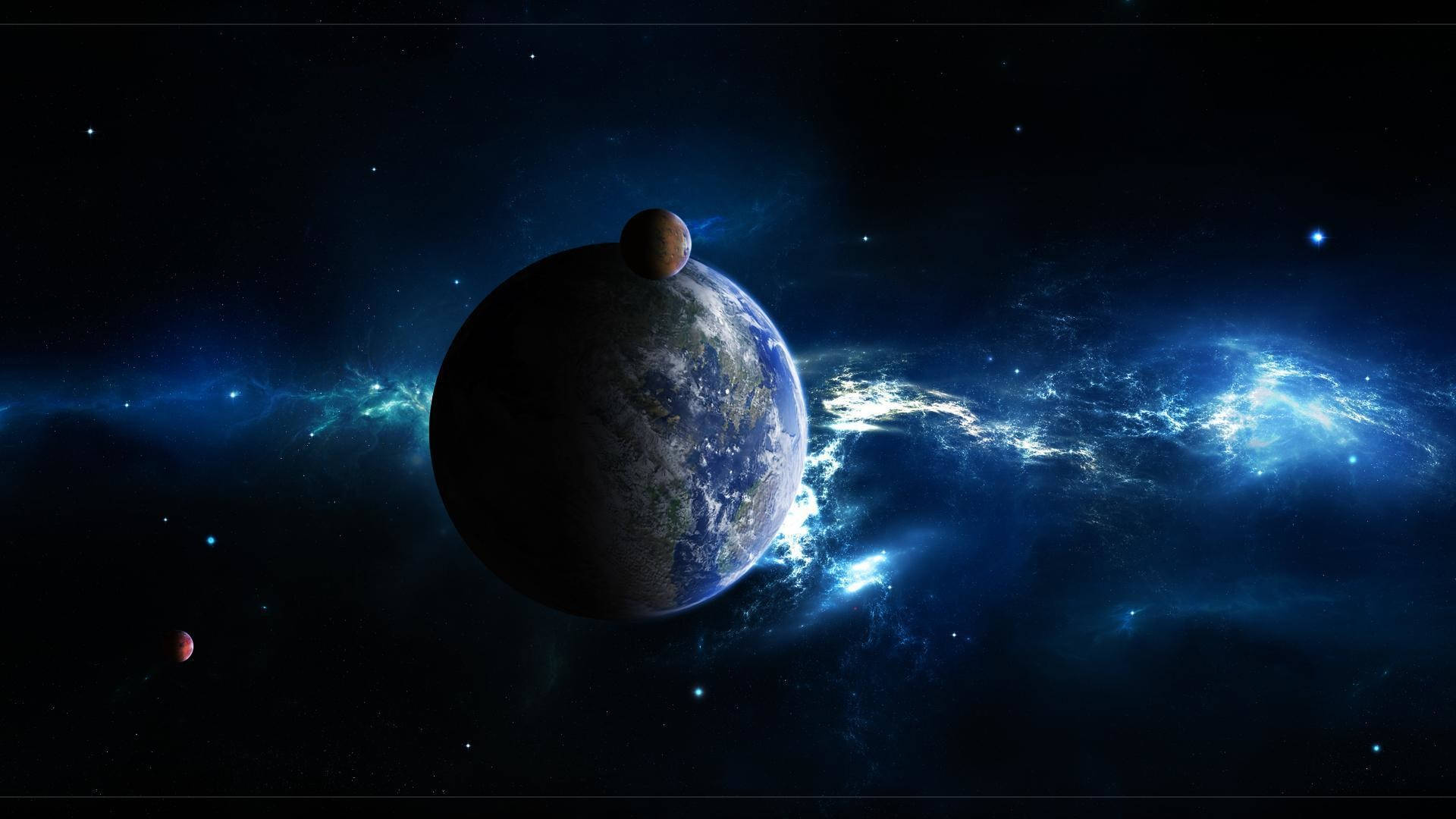 太空電腦 桌布 壁紙 — 從太空俯瞰地球的壯麗景色，充滿活力的藍色星雲和遙遠的星星照亮了宇宙場景。