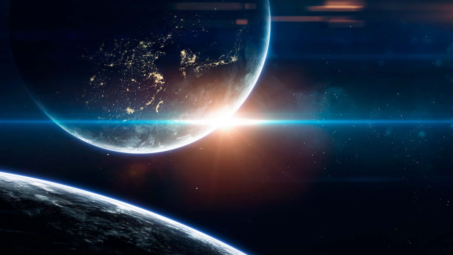 Space Desktop 桌布 壁紙 — 從太空俯瞰地球的壯麗景色，城市燈光在深藍色星球上閃爍，明亮的太陽投射出燦爛的鏡頭光暈。