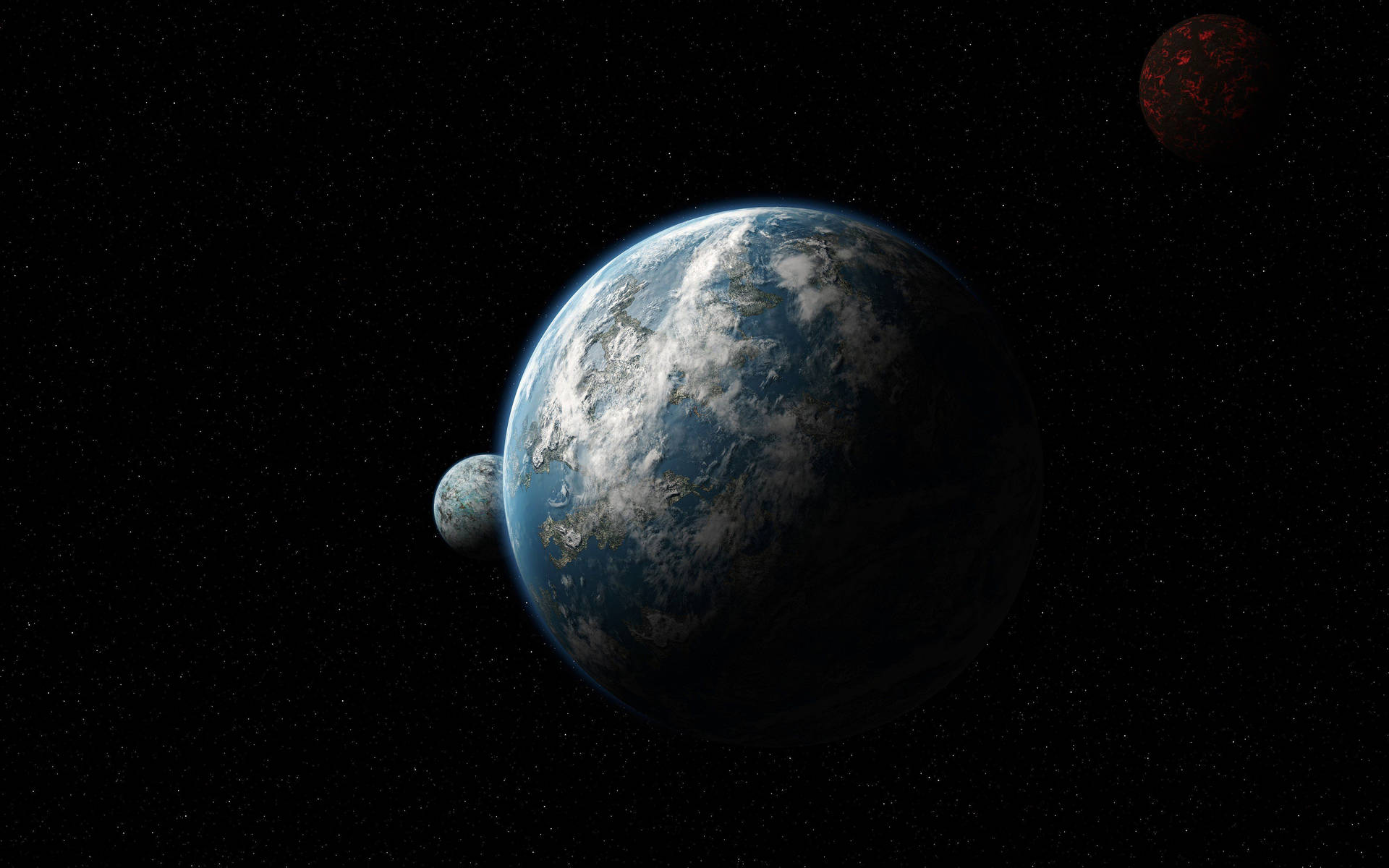 地球伴隨兩個月亮和一顆紅色行星，點綴在繁星點點的夜空。 — 4K 地球 壁紙