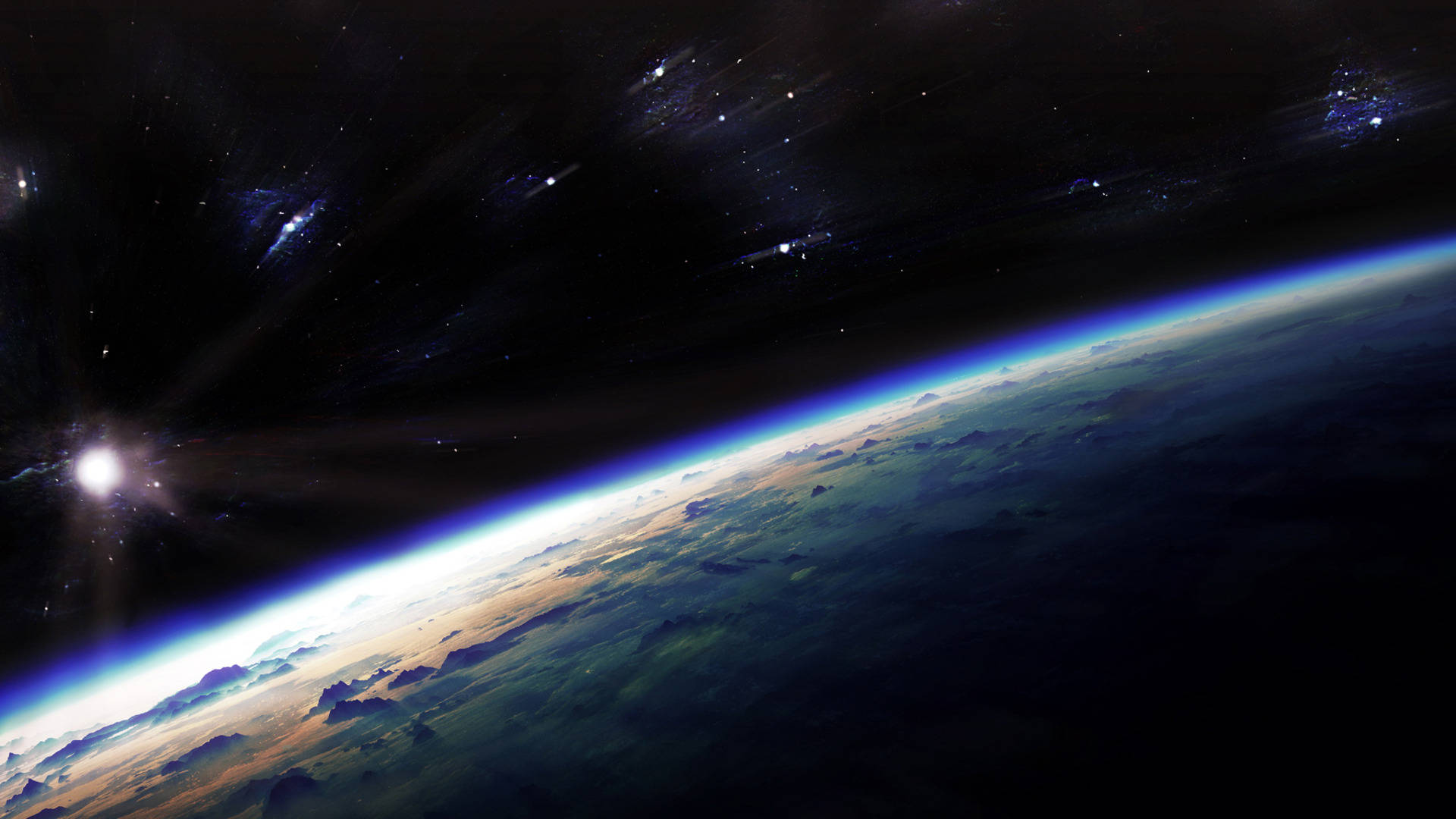 nasa 美學 桌布 壁紙 — 從太空俯瞰地球的壯麗景色，展現其彎曲的地平線，在佈滿星辰的宇宙背景下散發著大氣層的藍色和橙色光芒。