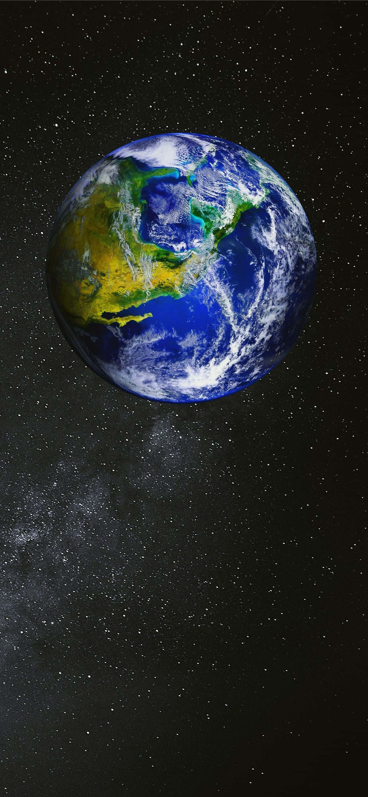 地球 桌布 壁紙 — 從太空俯瞰地球的壯麗景色，展現出鮮豔的藍色海洋、綠色大陸和旋轉的白雲，背景是星光燦爛的宇宙。