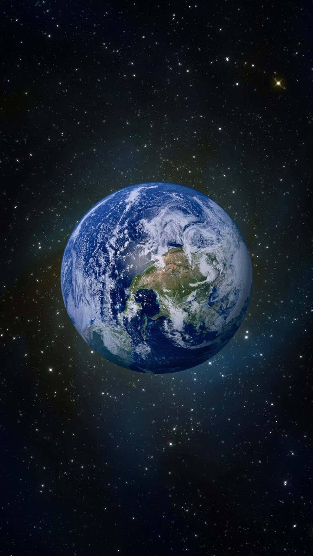 桌布 壁紙 — 從太空俯瞰地球的壯麗景色，展現出旋轉的雲層、海洋和大陸，背景是星光熠熠的宇宙。