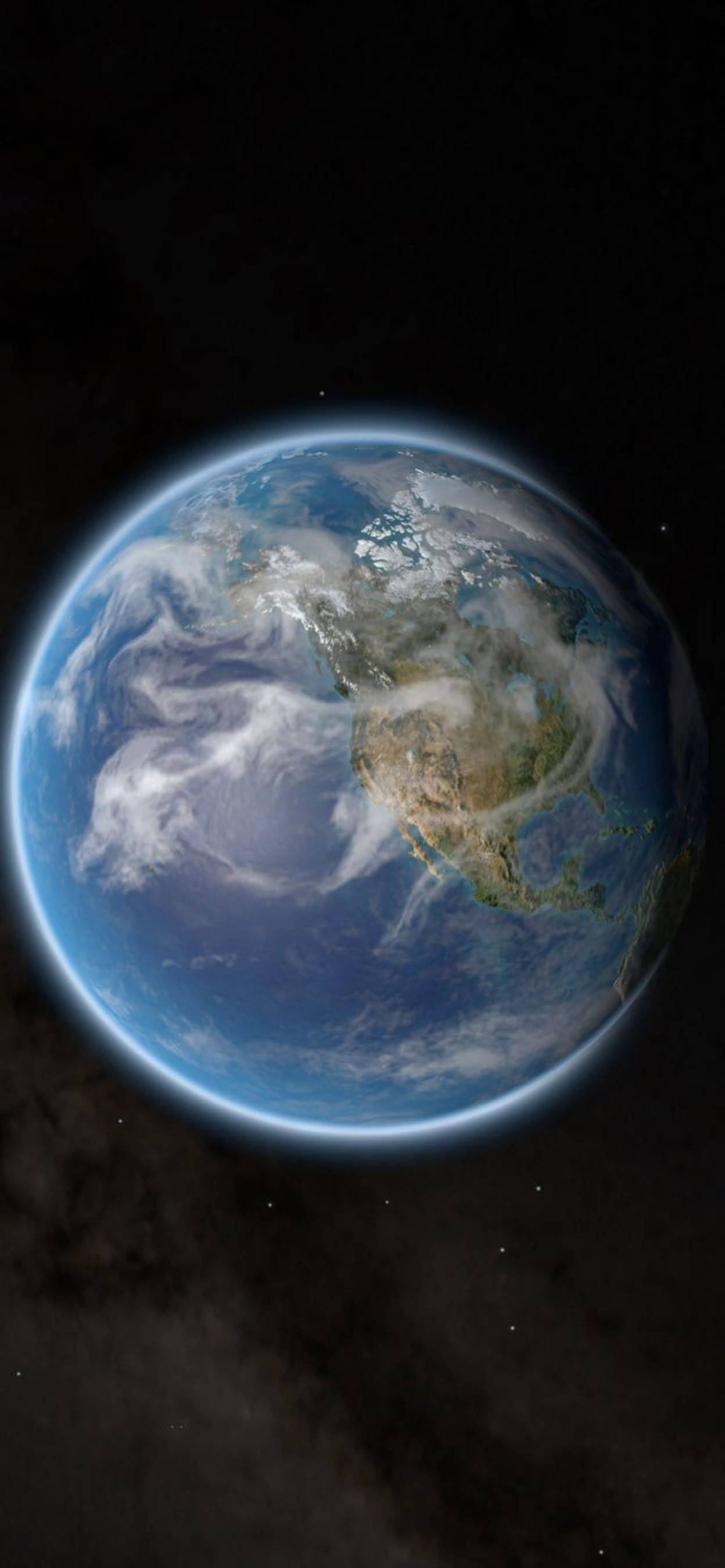 iOS 16 壁紙 桌布 壁紙 — 從太空俯瞰地球的壯麗景色，展現北美洲上空旋轉的雲層，以及黑色太空虛空中閃耀的藍色大氣層。