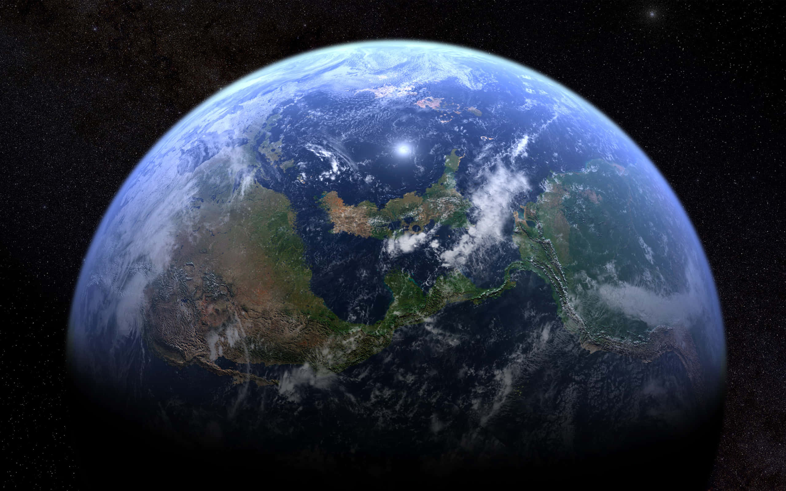 行星動畫 桌布 壁紙 — 從太空俯瞰地球的壯麗景色，展現藍色海洋、綠色大陸和旋轉的白雲，背景是繁星點點的黑色虛空。