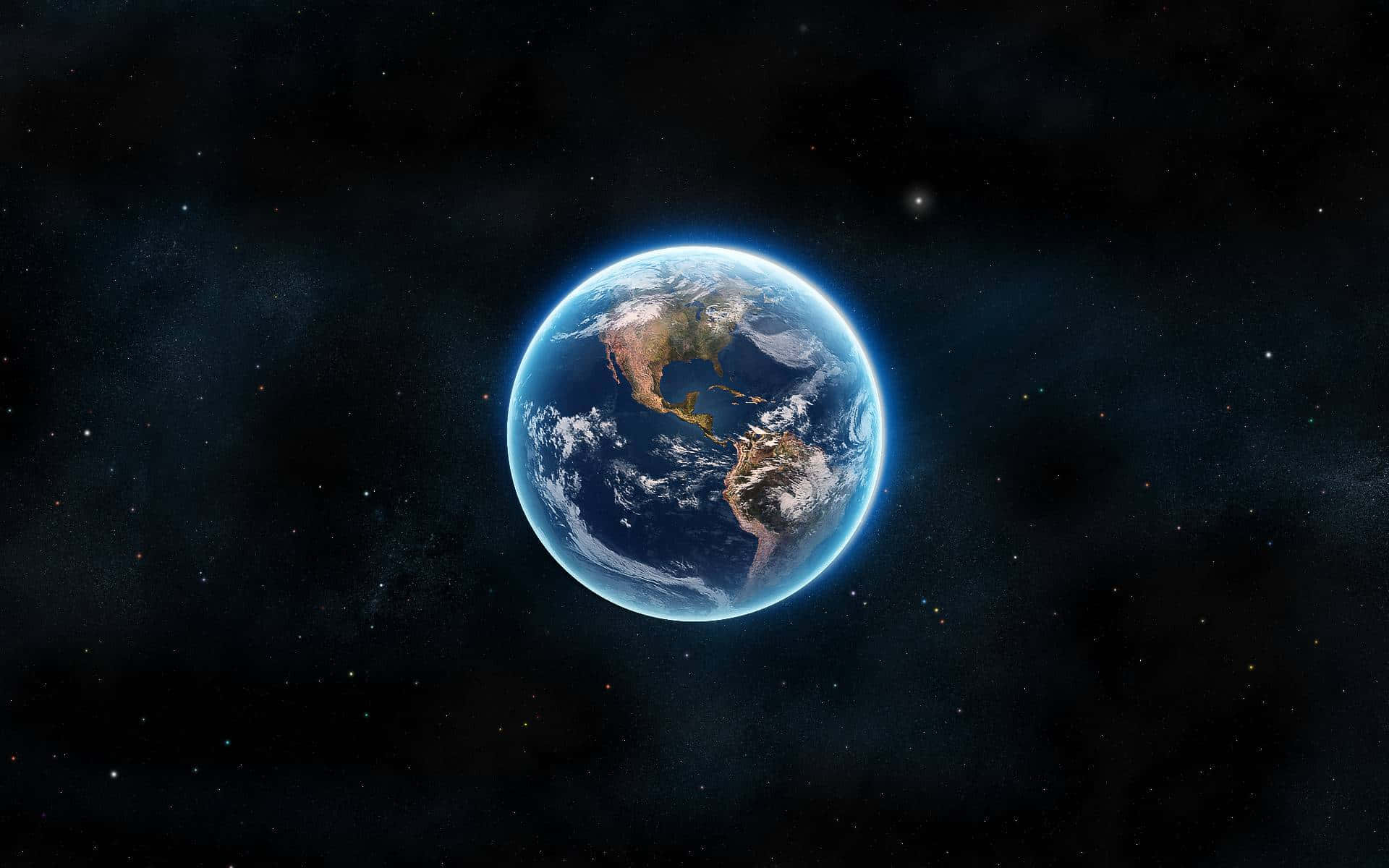3d Earth 桌布 壁紙 — 從太空俯瞰地球的壯麗景色，展現藍色海洋、白色雲層和各大洲，背景是星光燦爛的宇宙。