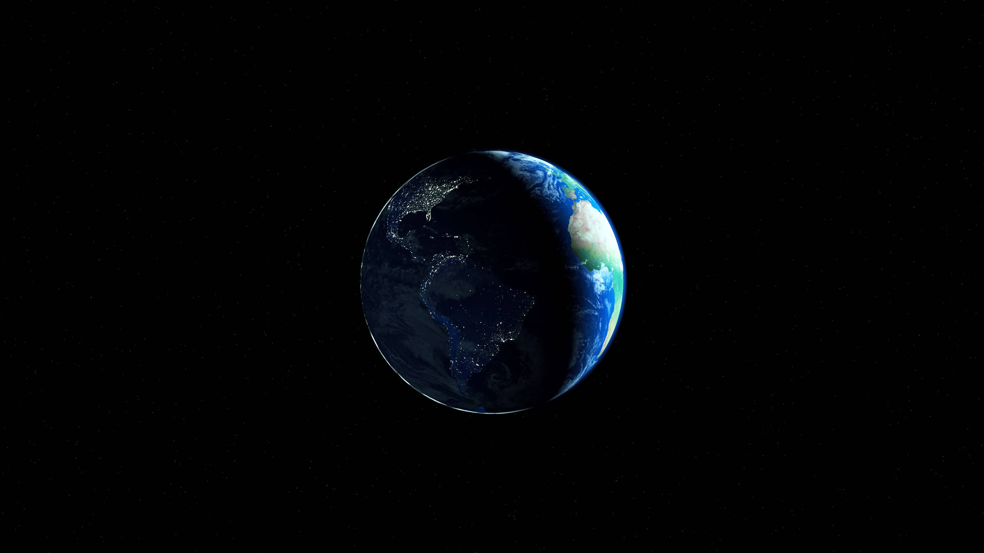 從太空看到的地球，帶有發光的城市燈光和星空背景。 — 4K 地球 壁紙