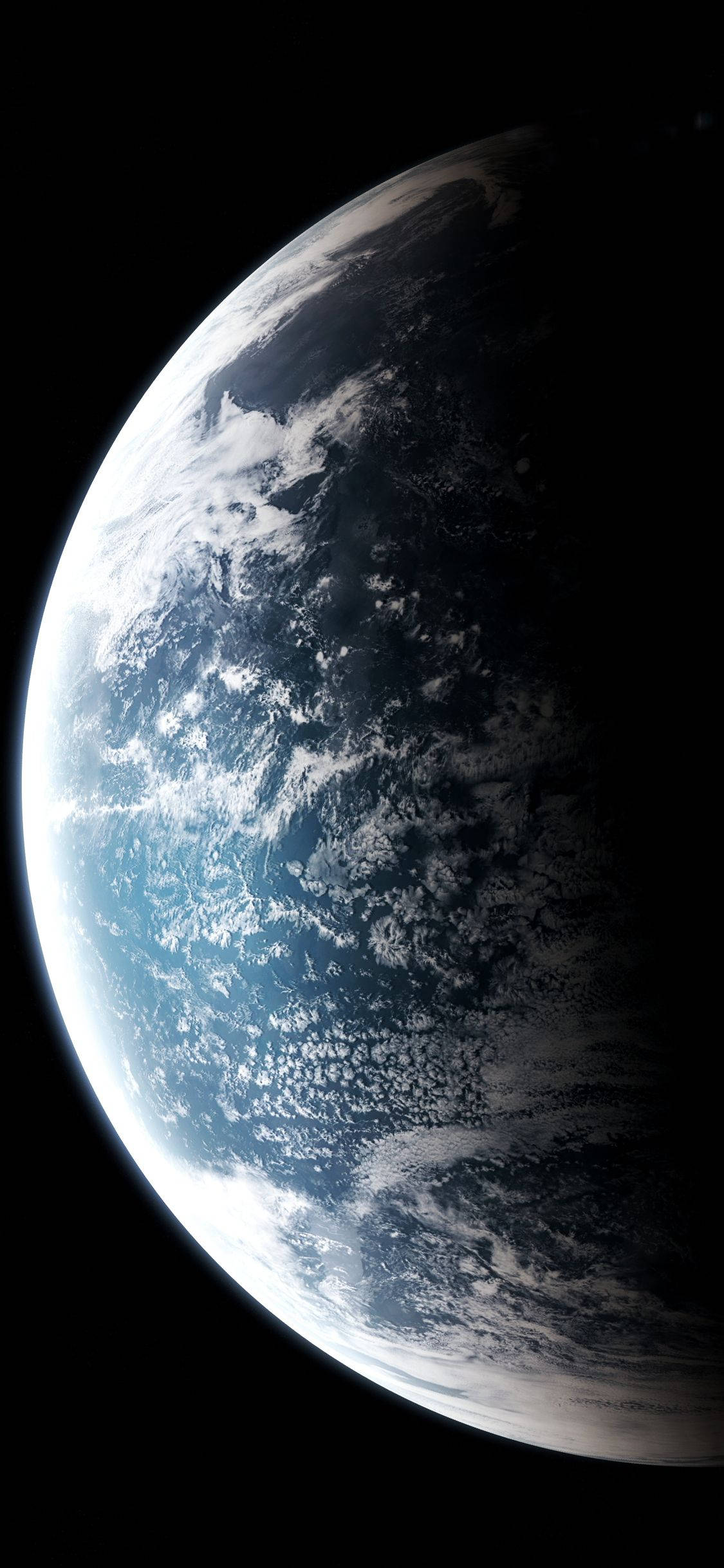 太空 桌布 壁紙 — 從太空俯瞰地球的壯麗景色，展現藍色海洋、白色雲層和深色陸地，背景是黑色虛空。