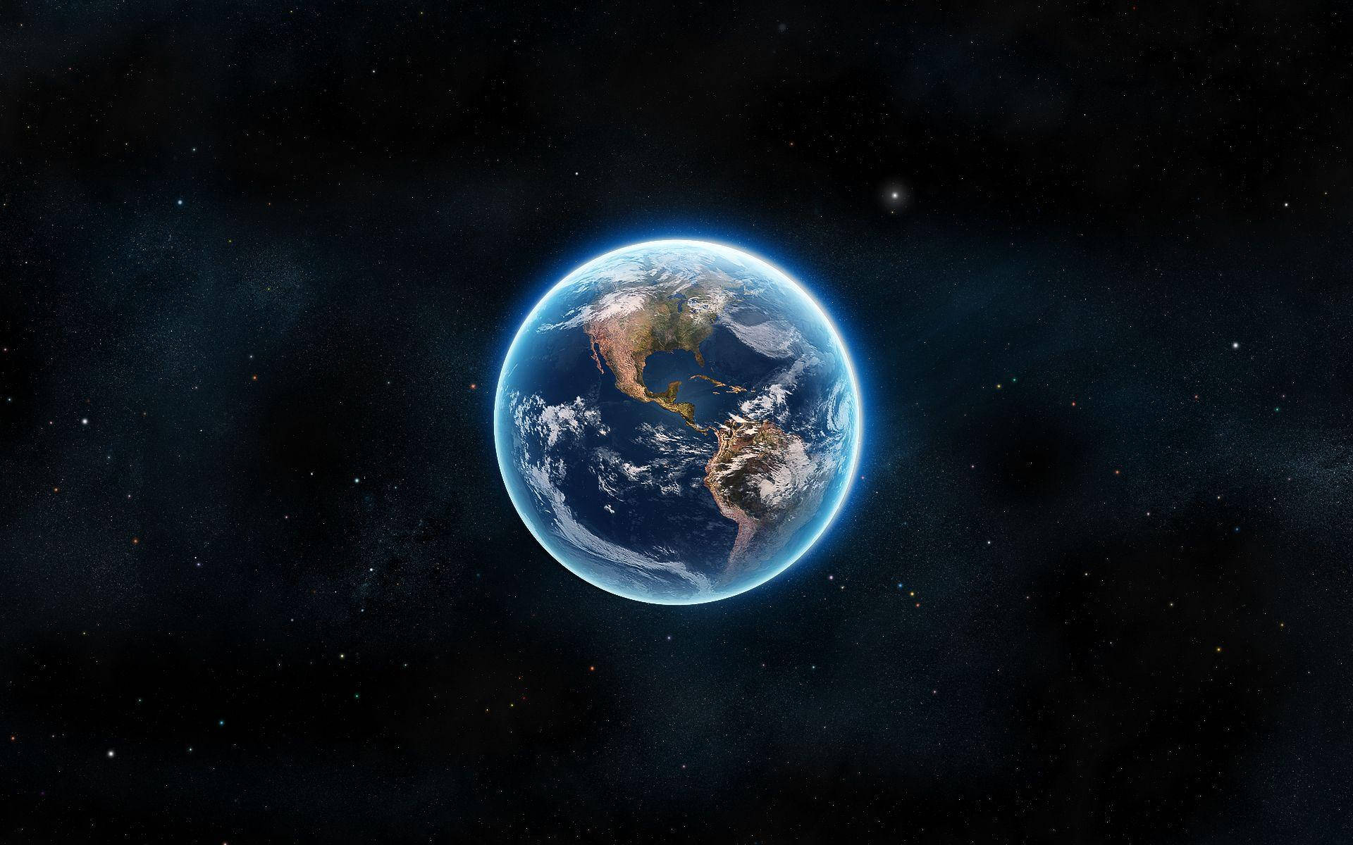 太空 桌布 壁紙 — 從太空俯瞰地球的壯麗景色，展現藍色海洋、白色雲層和陸地，背景是繁星點點的宇宙。