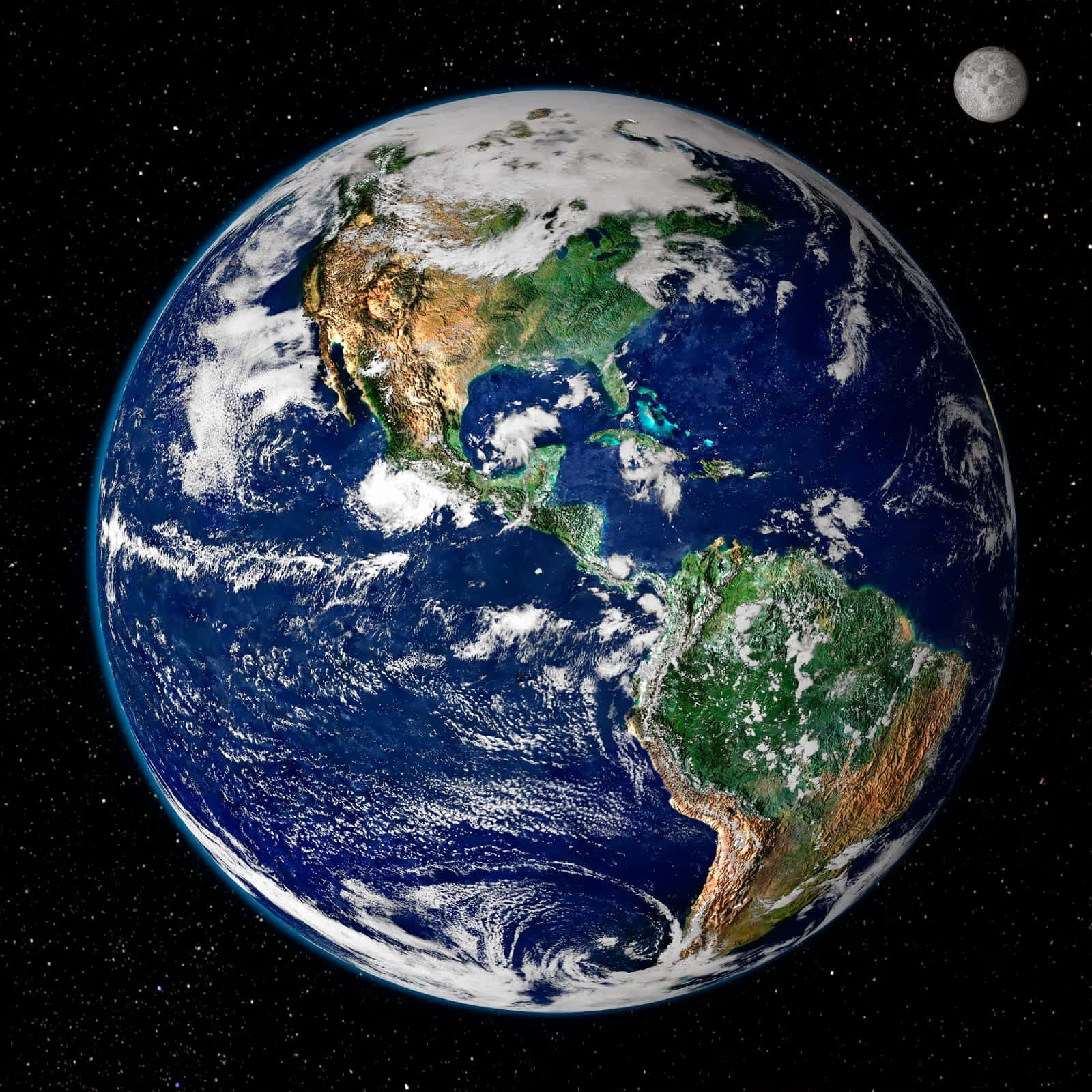 planet earth 桌布 壁紙 — 從太空俯瞰地球的壯麗景色，展示北美洲和南美洲，有旋轉的雲層，附近可見月球。