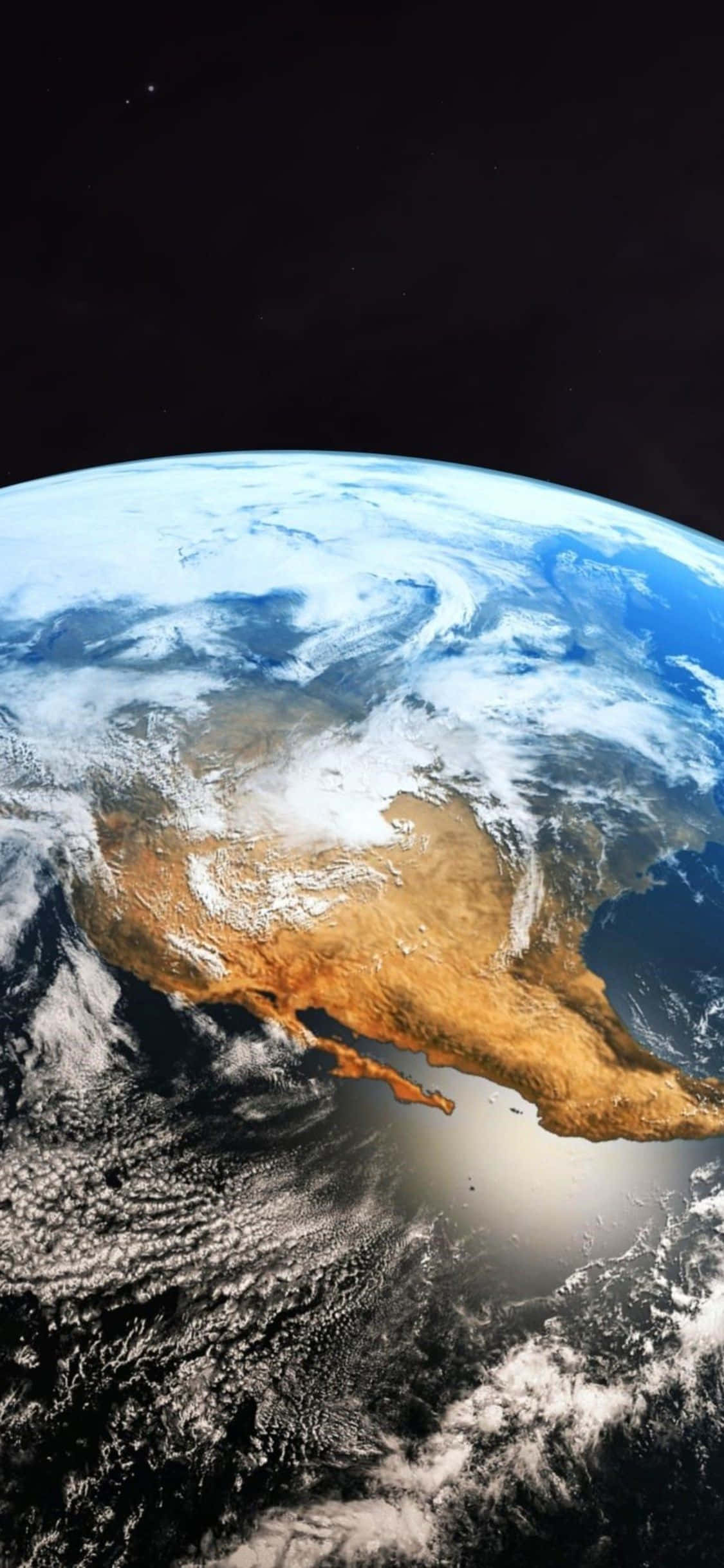 iPhone Earth 桌布 壁紙 — 從太空俯瞰地球的壯麗景色，展示北美洲，伴隨著旋轉的雲層和藍色海洋，映襯著太空的黑色虛空。