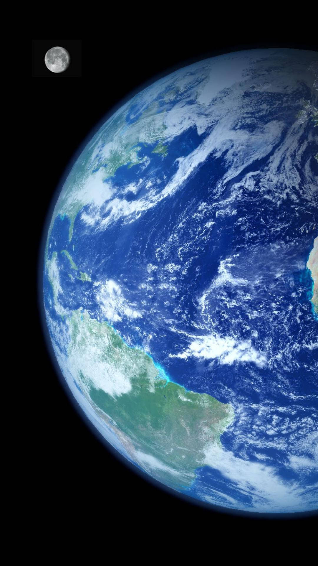 地球 桌布 壁紙 — 從太空俯瞰地球的壯麗景色，左上角可見月球，背景是黑色虛空。