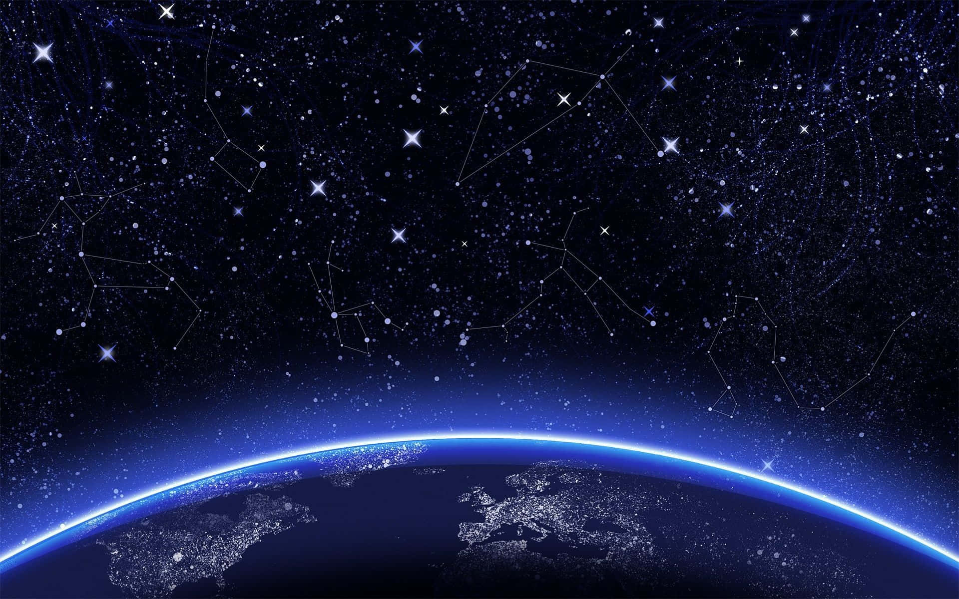 Stars 桌布 壁紙 — 從太空俯瞰地球的壯麗景色，彎曲的地平線上有閃爍的城市燈光，深藍色星空中勾勒出白色的星座。