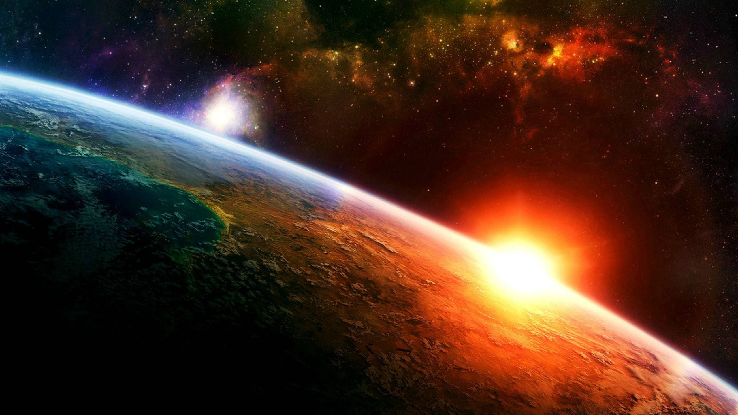 銀河 桌布 壁紙 — 從太空俯瞰地球的壯麗景色，彎曲的地平線上方有耀眼的日出，背景是充滿活力的宇宙星雲。