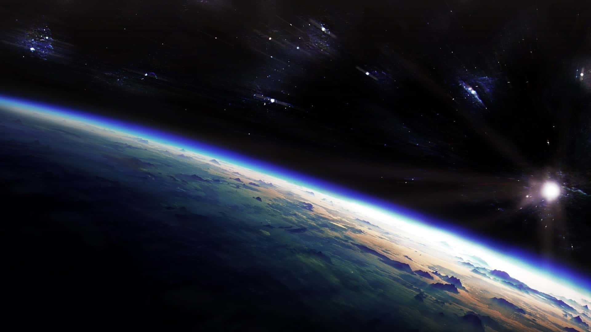 太空 桌布 壁紙 — 從太空俯瞰地球的壯麗景色，散發著藍色光芒的大氣層和黑色虛空中閃爍的星星。
