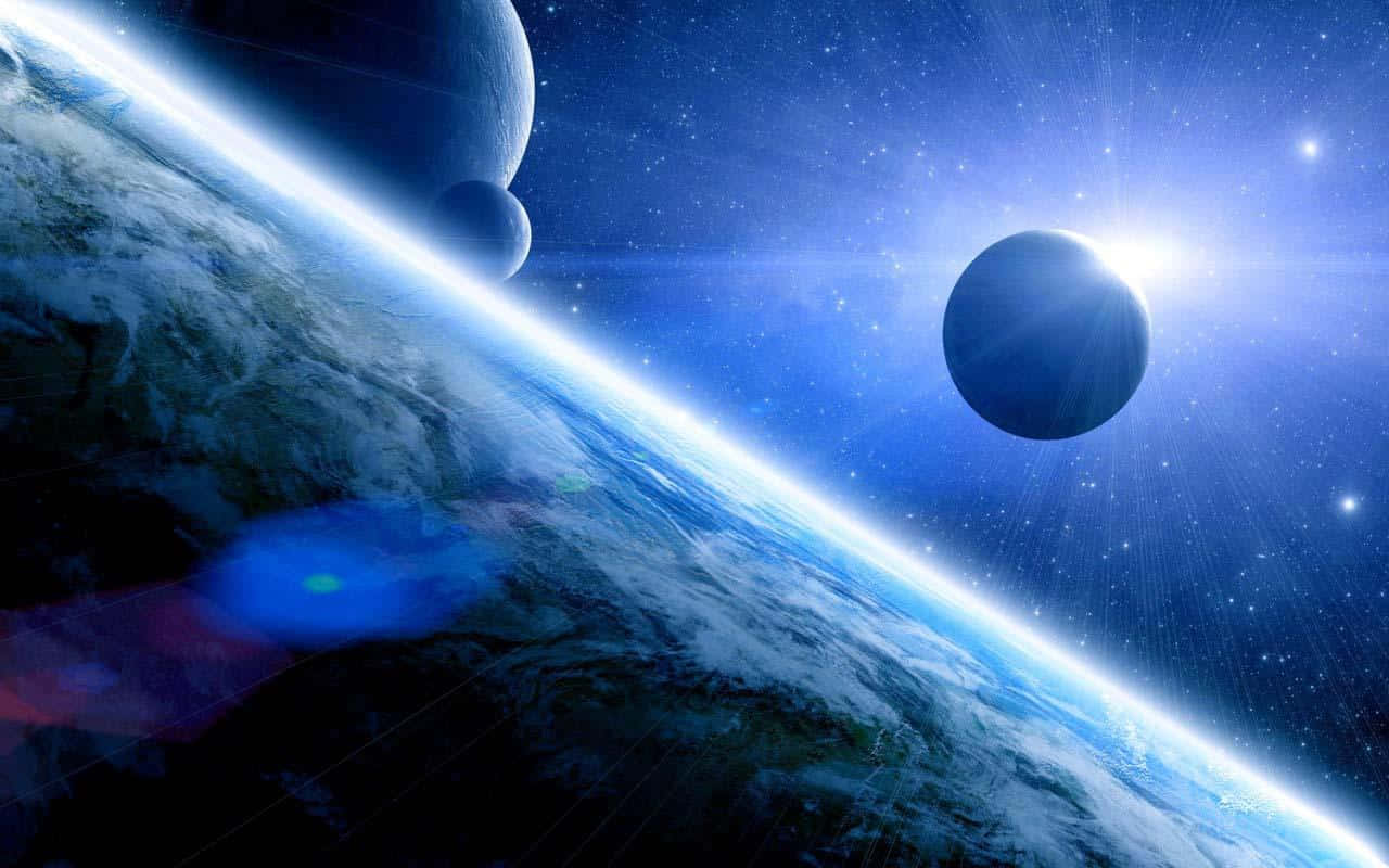 外太空 桌布 壁紙 — 從太空俯瞰地球的壯麗景色，明亮的太陽投射出閃爍的地平線，遙遠的行星漂浮在繁星點點的藍色廣闊空間中。