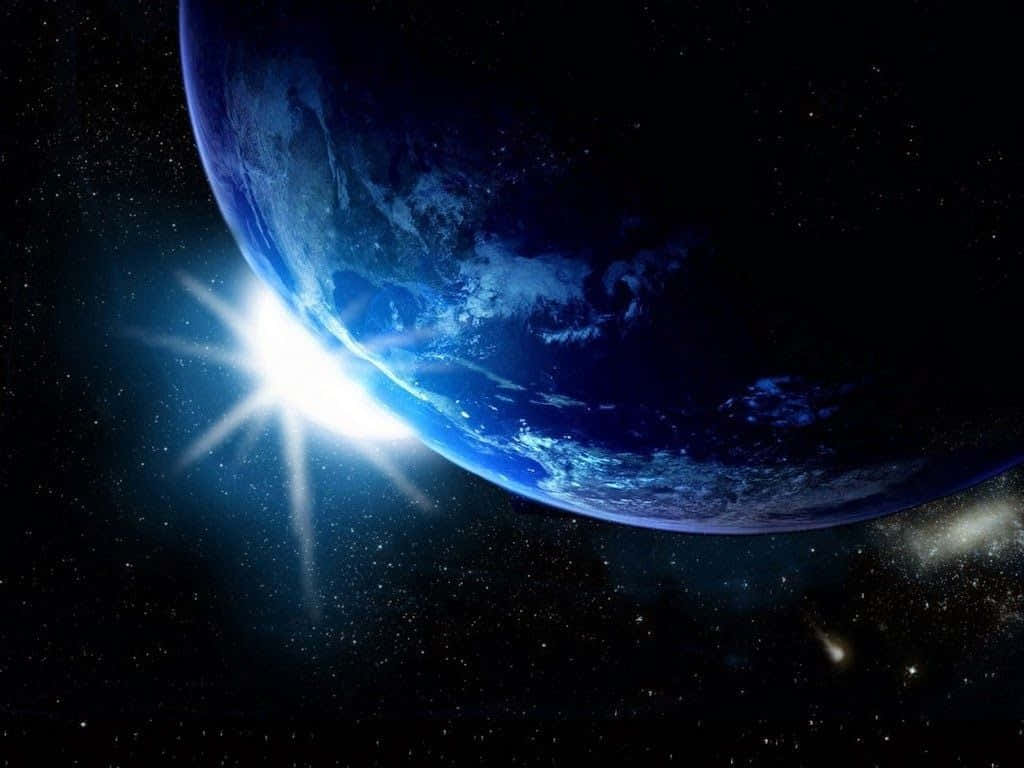 Earth Science 桌布 壁紙 — 從太空俯瞰地球的壯麗景色，明亮的太陽光芒照亮了這顆藍色星球，背景是繁星點點的宇宙。