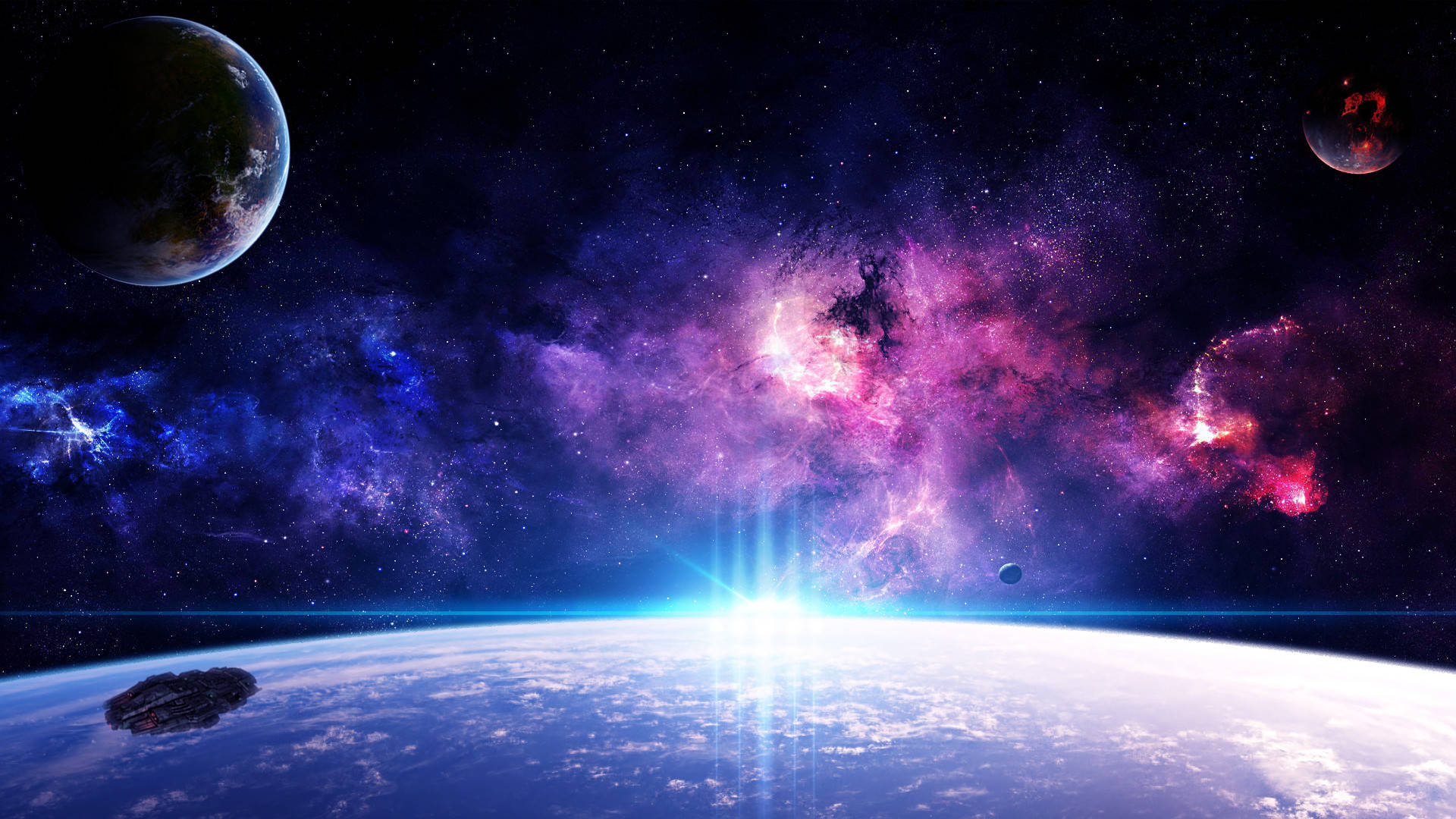 太空電腦 桌布 壁紙 — 從太空俯瞰地球的壯麗景色，明亮的太陽爆發地平線後方，閃耀著充滿活力的紫色和藍色星雲。