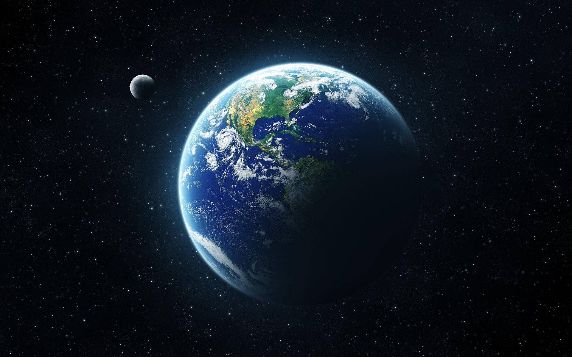 太空 桌布 壁紙 — 從太空俯瞰地球的壯麗景色，月球近在咫尺，星星點綴著黑色的虛空。