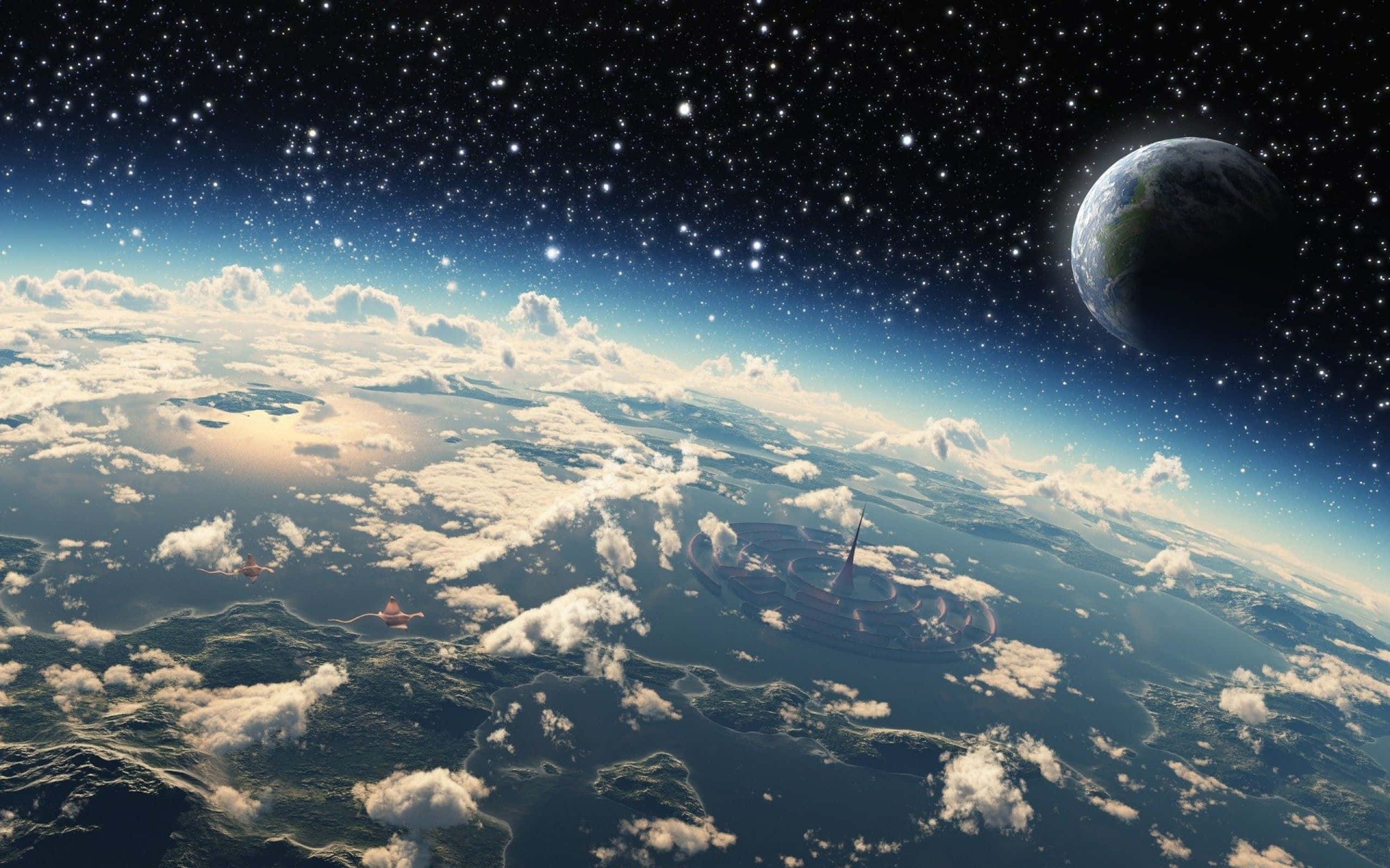 Manga Universe 桌布 壁紙 — 從太空俯瞰地球的壯麗景色，有旋轉的雲層和遙遠的月亮，背景是繁星點點的天空。