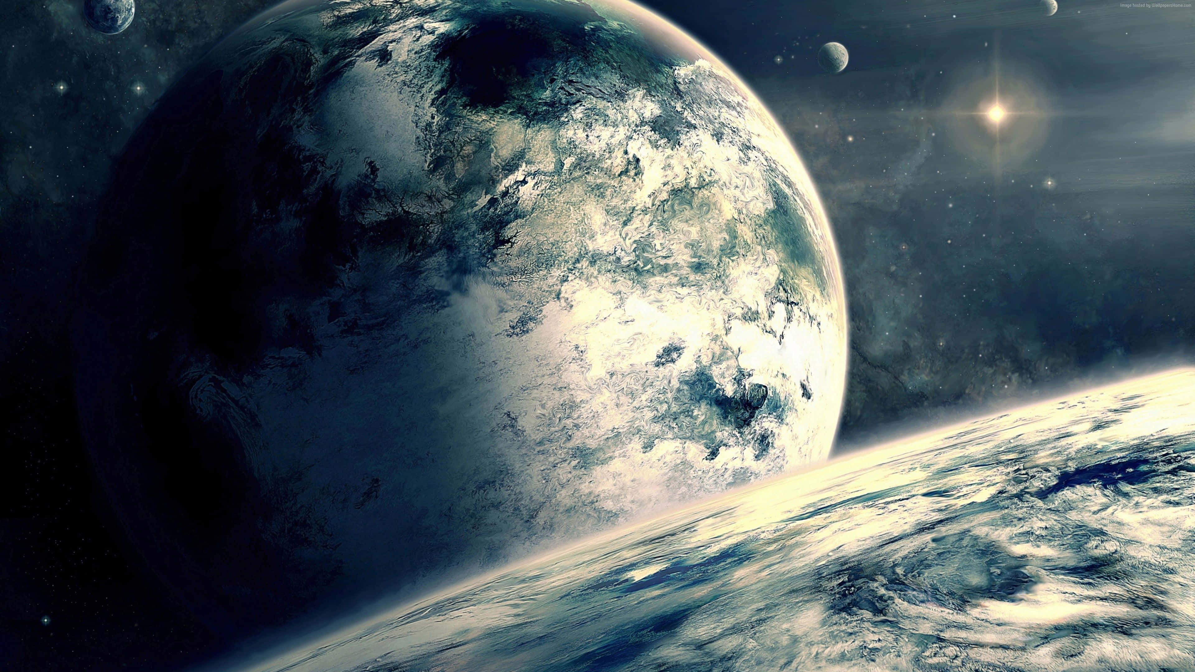 Exoplanet 桌布 壁紙 — 從太空俯瞰地球的壯麗景色，有旋轉的雲層和一顆明亮的星星在宇宙背景中閃耀。