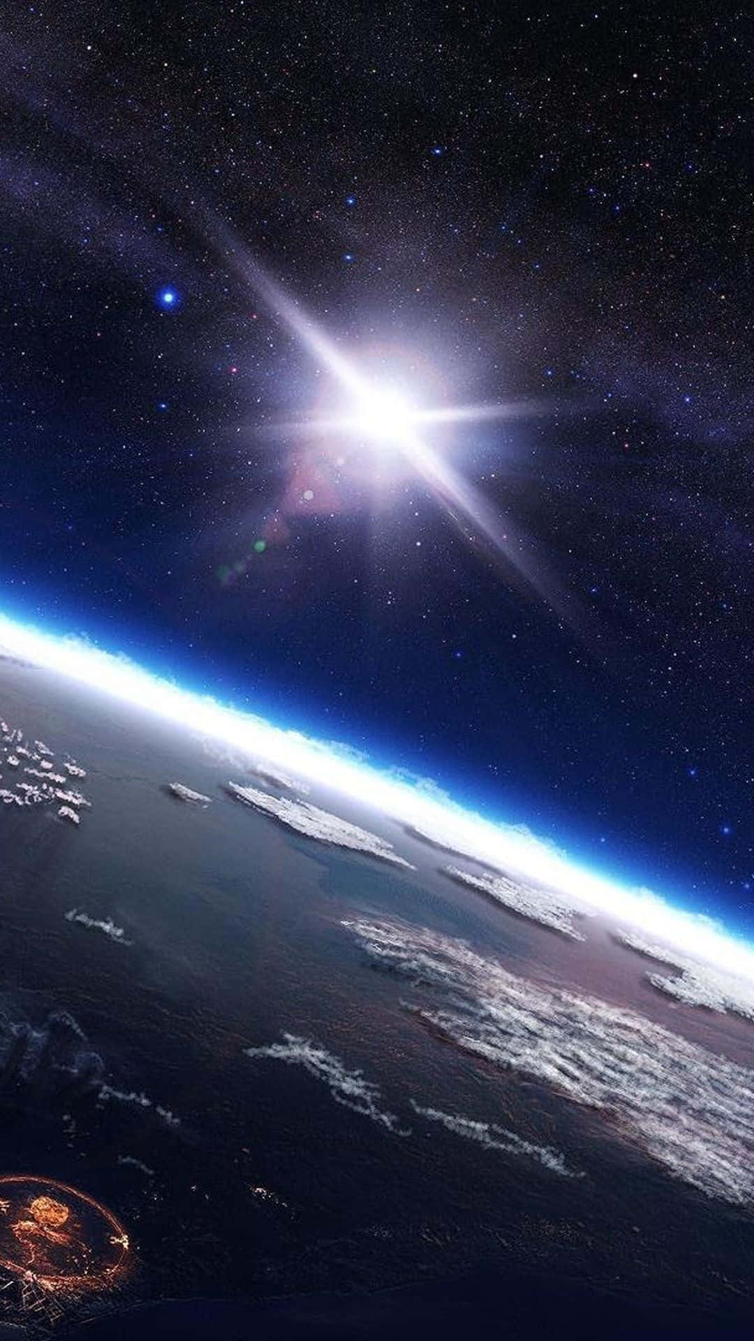 外太空 桌布 壁紙 — 從太空俯瞰地球的壯麗景色，燦爛的星爆陽光照亮了行星彎曲的地平線和旋轉的雲層。