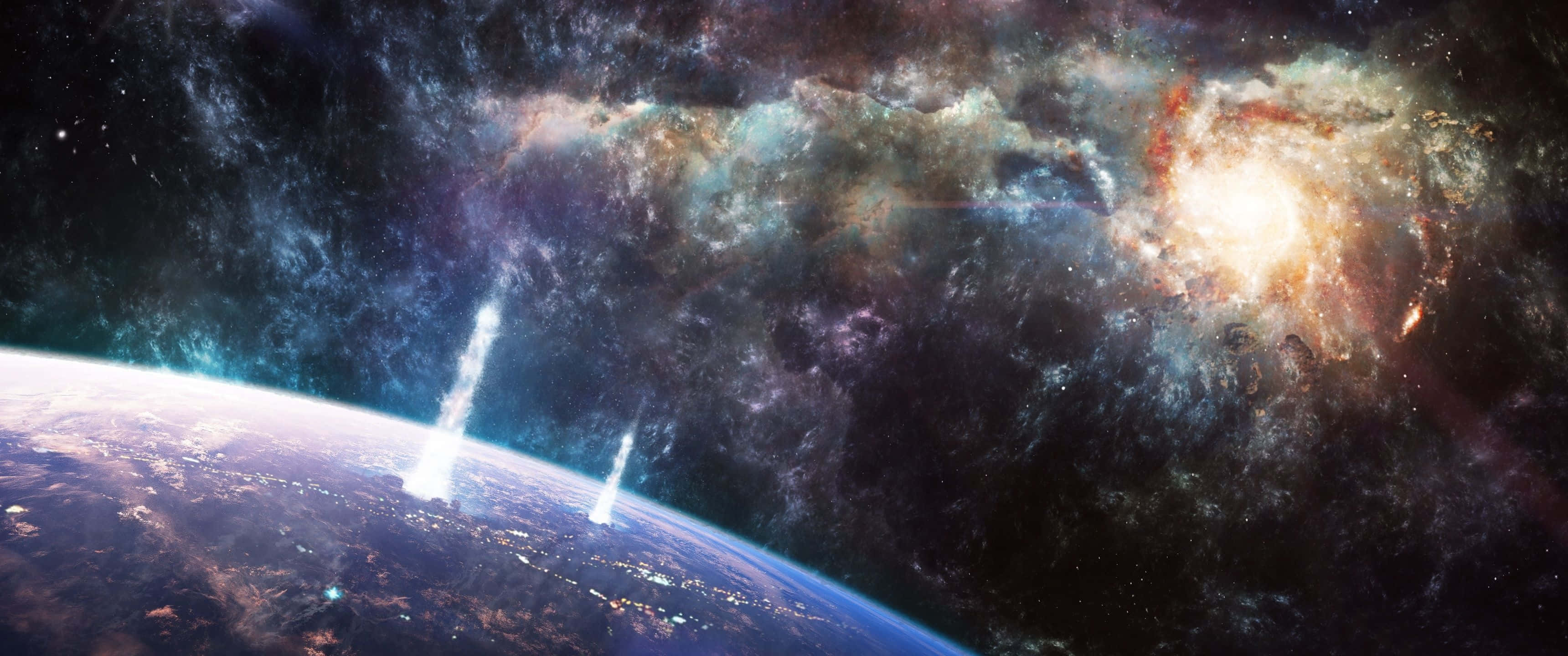 桌布 壁紙 — 從太空俯瞰地球的壯麗景色，生動的星雲和發光的宇宙雲在行星彎曲的地平線上方旋轉。