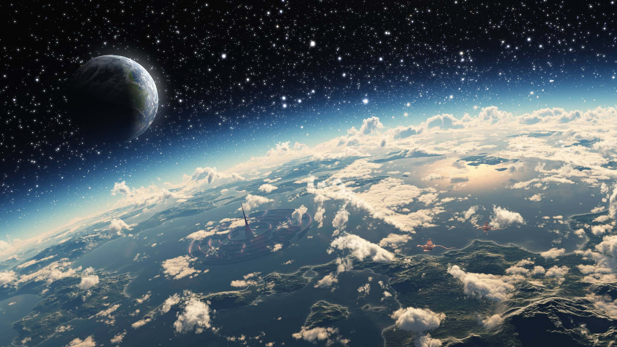 Atmosphere 桌布 壁紙 — 從太空俯瞰地球的壯麗景色，背景中有第二顆行星和星野。