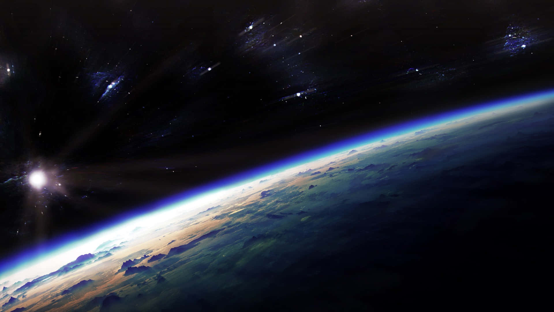Beautiful Space 桌布 壁紙 — 從太空俯瞰地球的壯麗景色，背景是發光的藍色大氣層和繁星點點的宇宙。