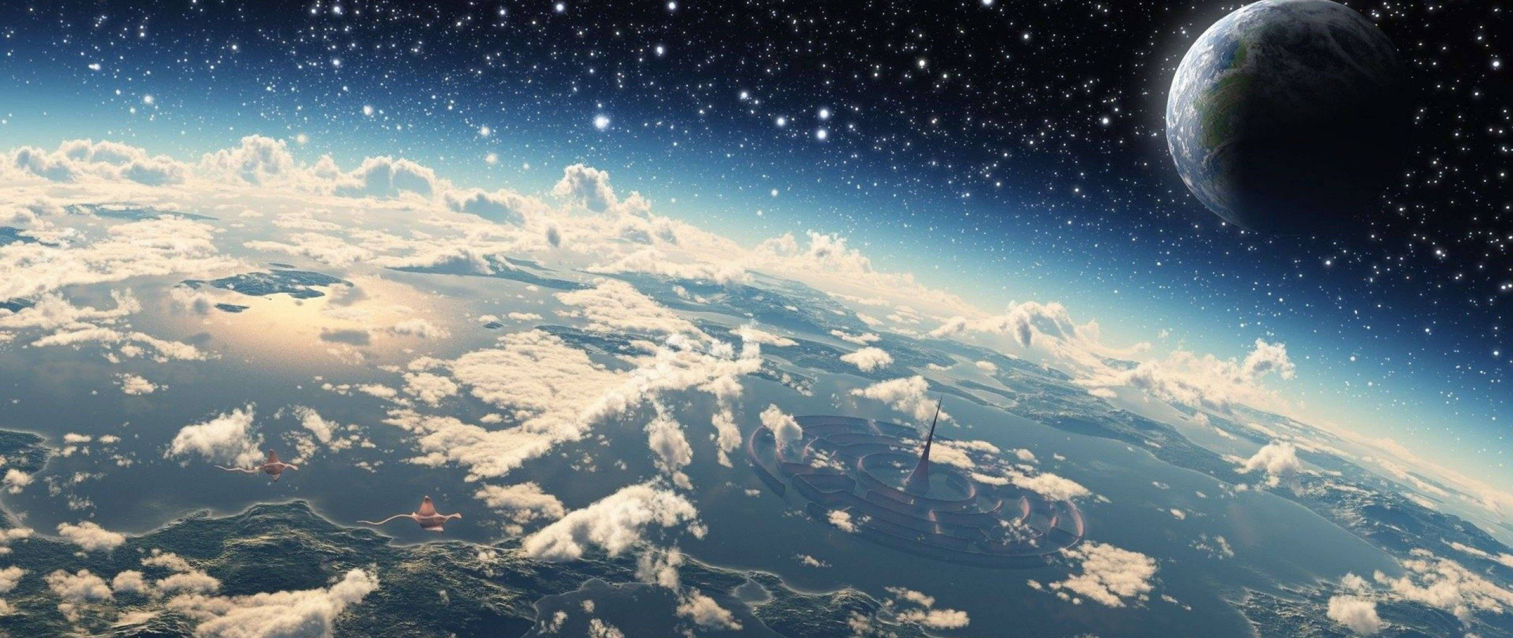 4K ultra widescreen 桌布 壁紙 — 從太空俯瞰地球的壯麗景色，藍色海洋和陸地上方飄浮著蓬鬆的白雲，一顆遙遠的行星在繁星點點的虛空中閃耀。