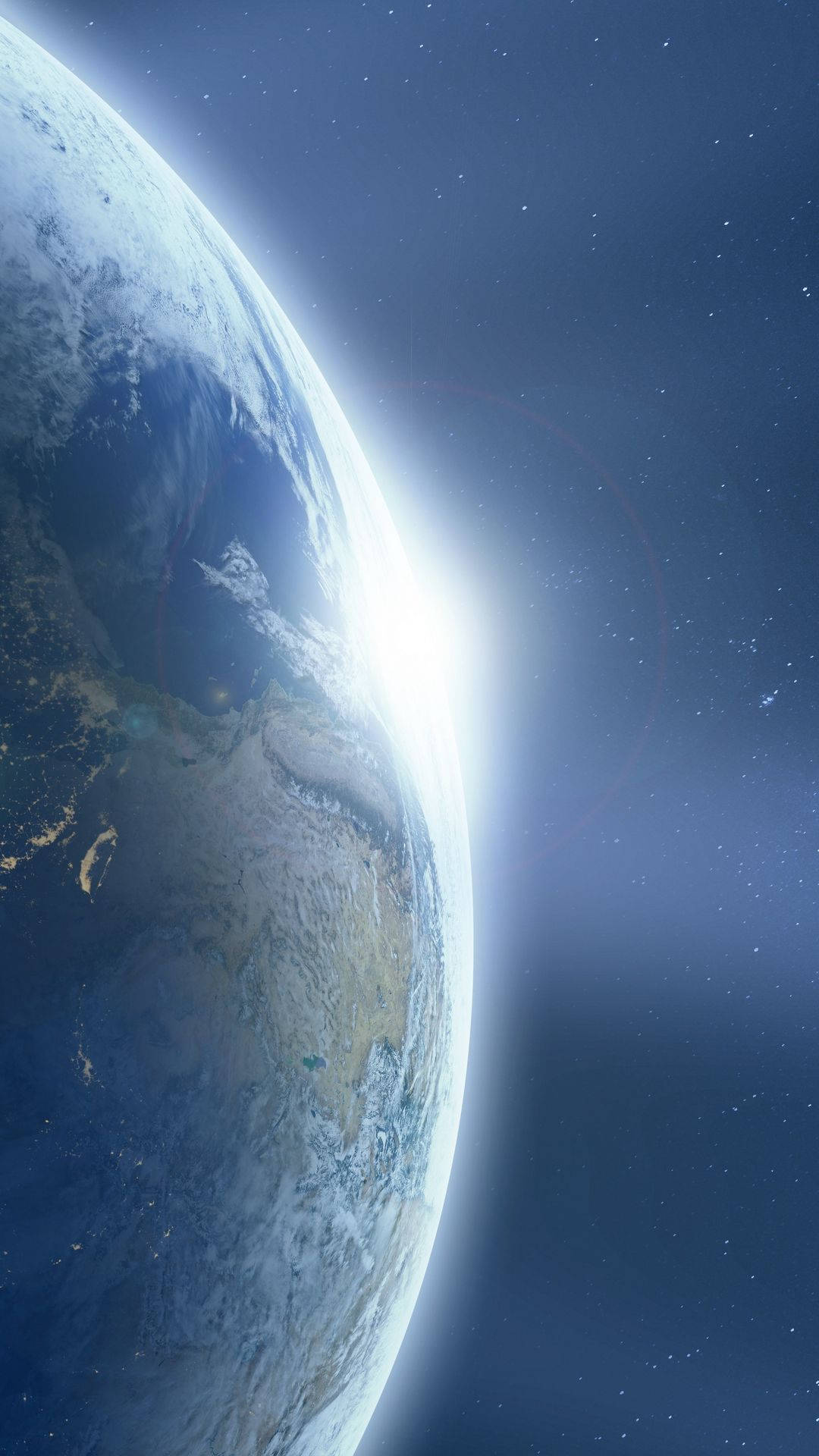 地球 桌布 壁紙 — 從太空俯瞰地球的壯麗景色，陽光照射在彎曲的地平線上，背景是繁星點點的宇宙。