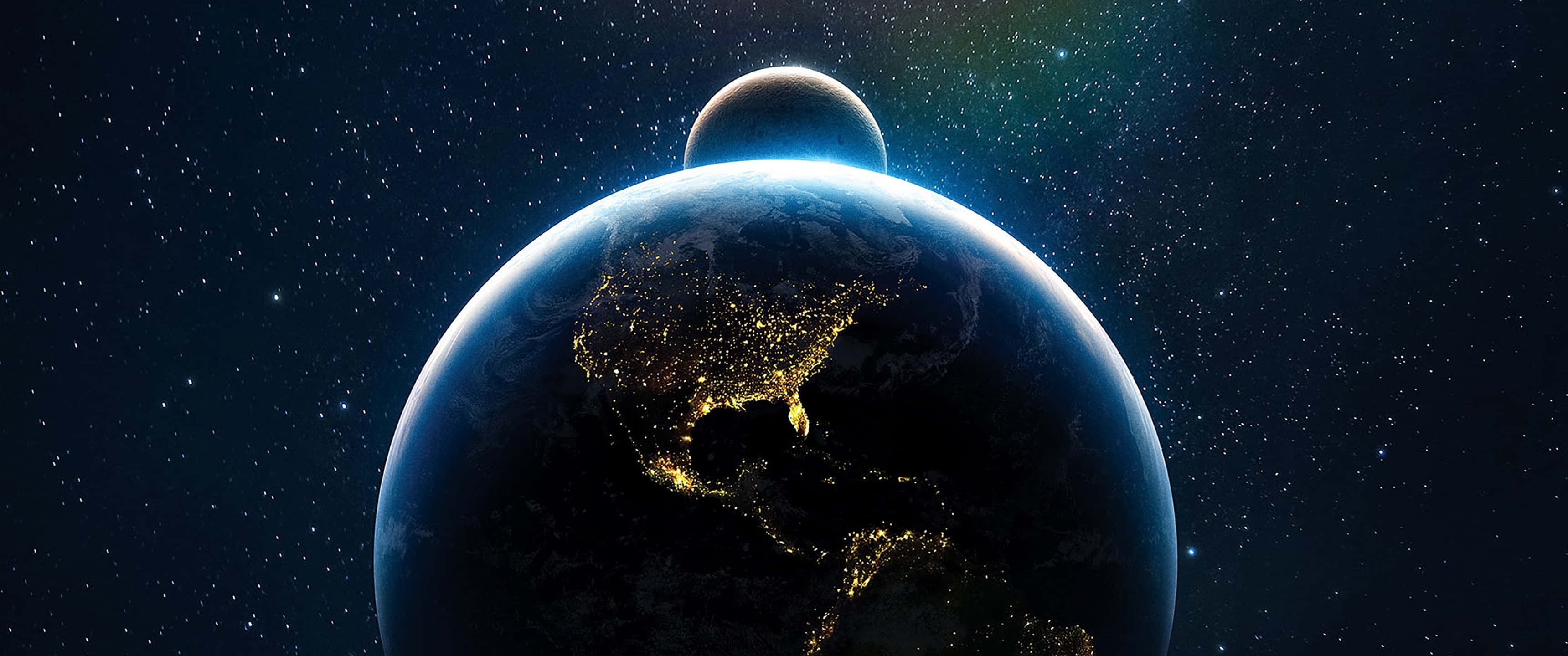 地球 桌布 壁紙 — 從太空夜間觀看地球，城市燈光閃爍，月亮高掛在星空之上。