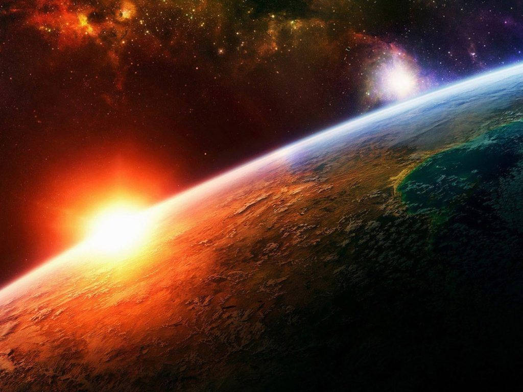 從太空觀看地球在日出時的情景，發光的地平線和星空。 — 4K 地球 壁紙