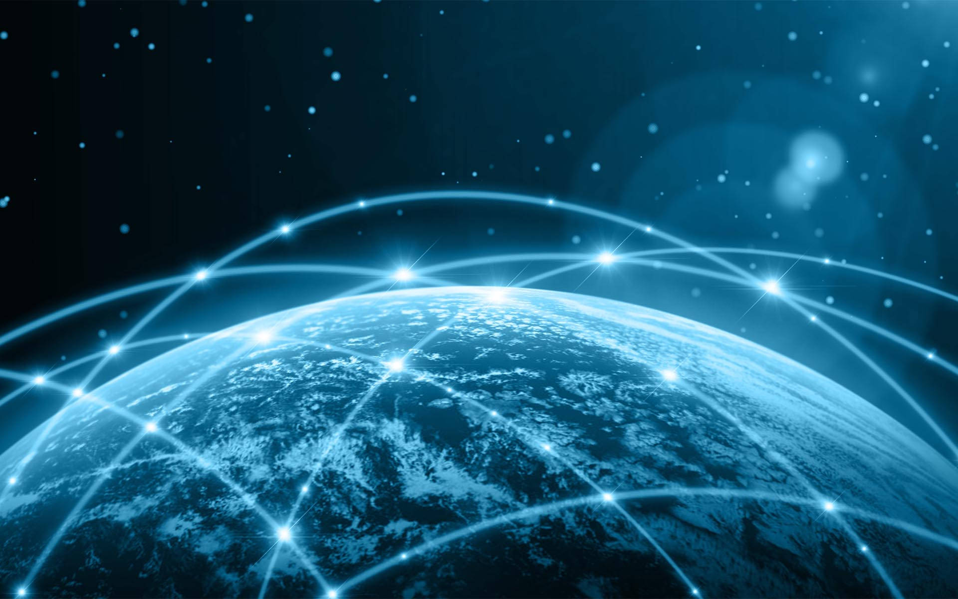 Blockchain 桌布 壁紙 — 從太空看，一個發光的藍色數位網路在地球上空拱起，連接各大洲的明亮節點。
