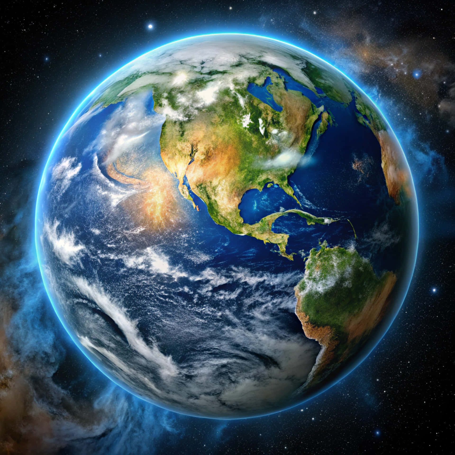 Planet Earth 壁紙 — 從太空看到一顆充滿活力的藍色地球，北美洲和南美洲在繁星點點的宇宙背景下清晰可見。