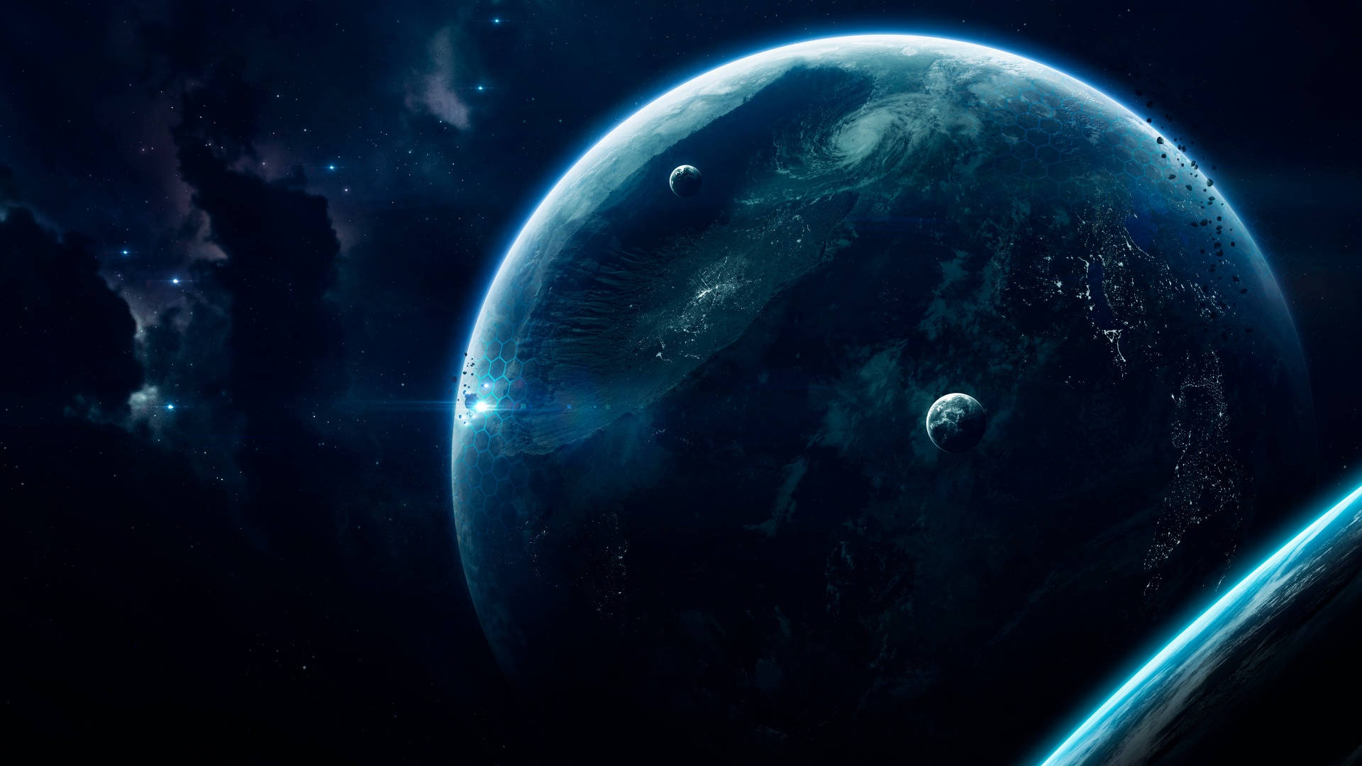 宇宙美學 桌布 壁紙 — 從太空看到一顆雄偉的藍色星球，帶有旋轉的雲層和發光的城市燈光，背景有兩個較小的衛星和明亮的星場。