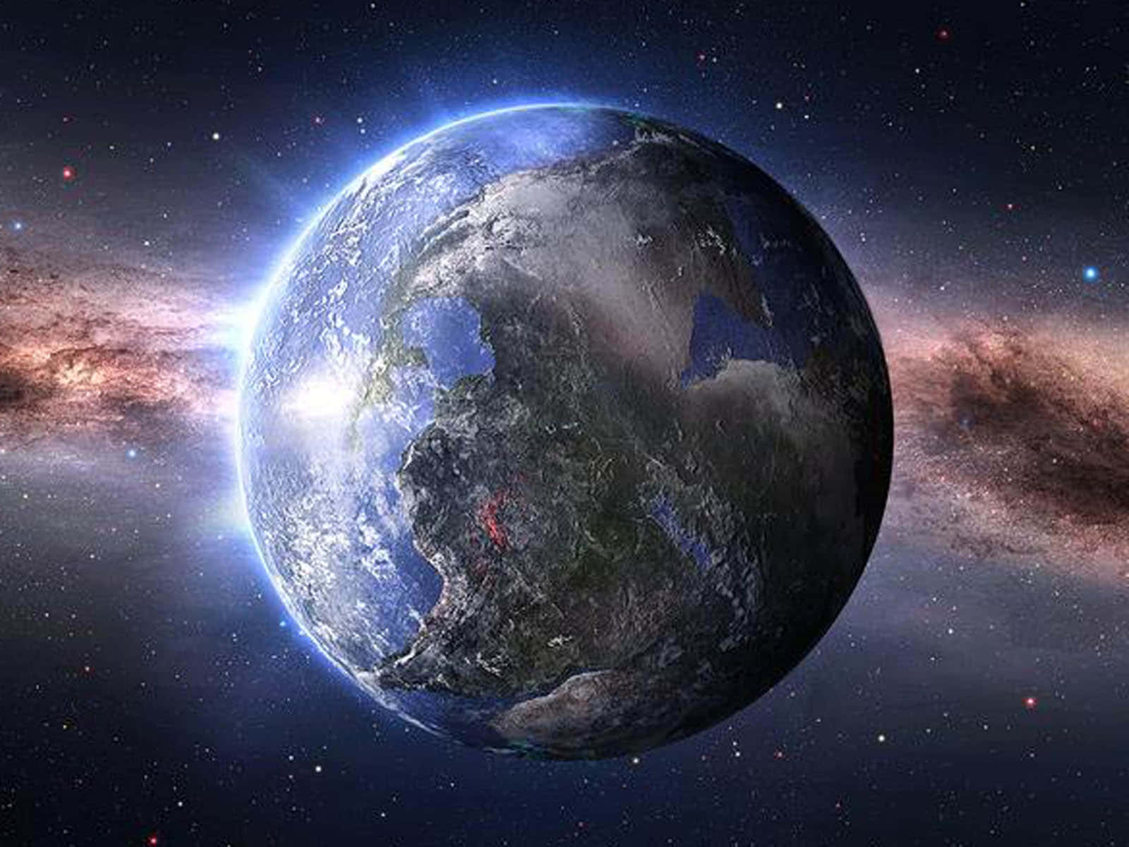 行星動畫 桌布 壁紙 — 從太空看到地球在陽光下閃耀，背景是繁星點點的宇宙。