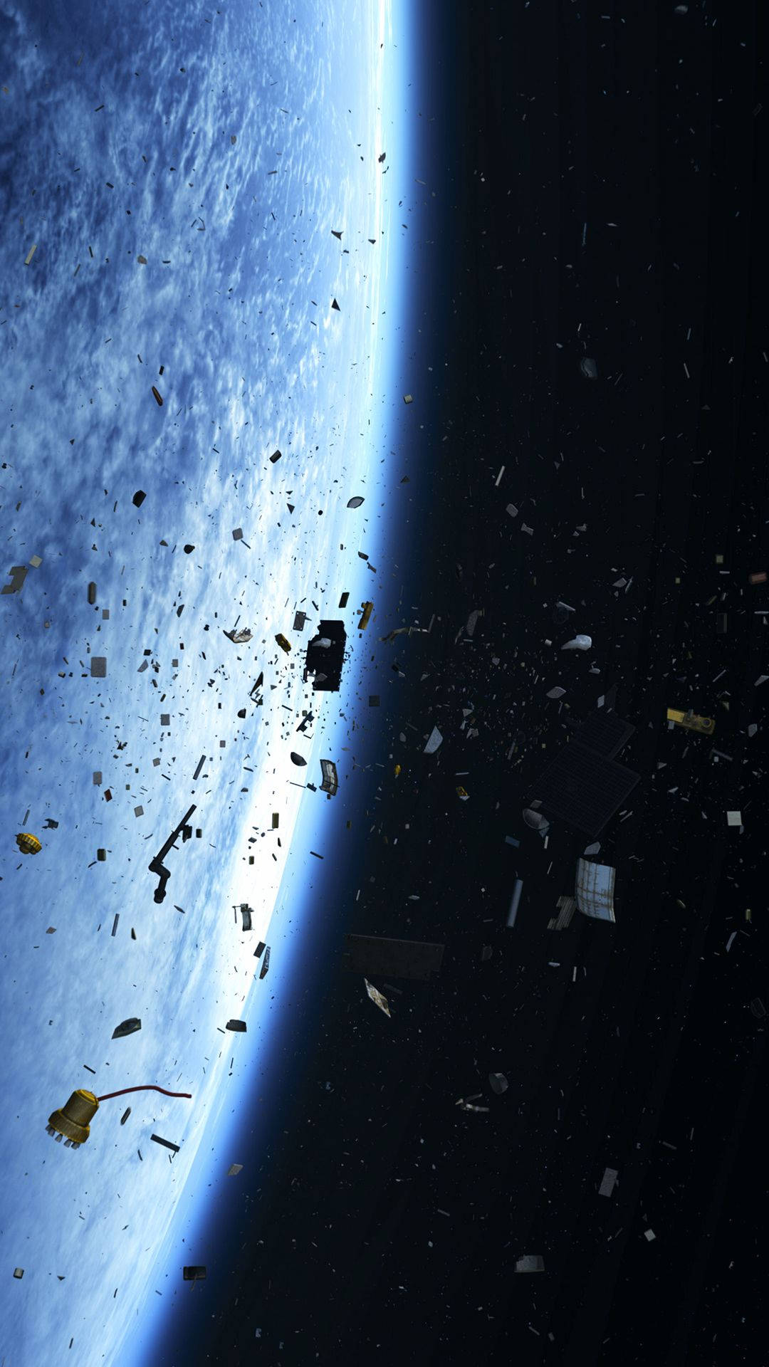 Space Phone 桌布 壁紙 — 從太空看到地球彎曲的藍色地平線，周圍漂浮著碎片和衛星。
