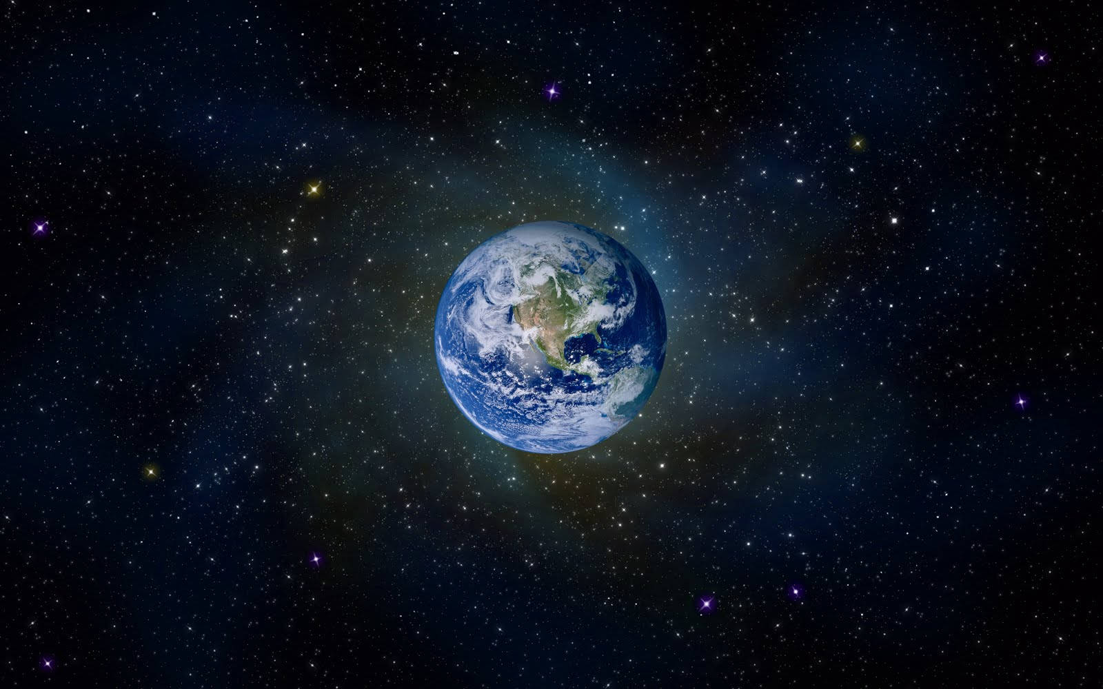 地球 桌布 壁紙 — 從太空看到地球的壯麗景色，周圍是充滿活力的星場，色彩繽紛的星雲在宇宙黑暗中發光。
