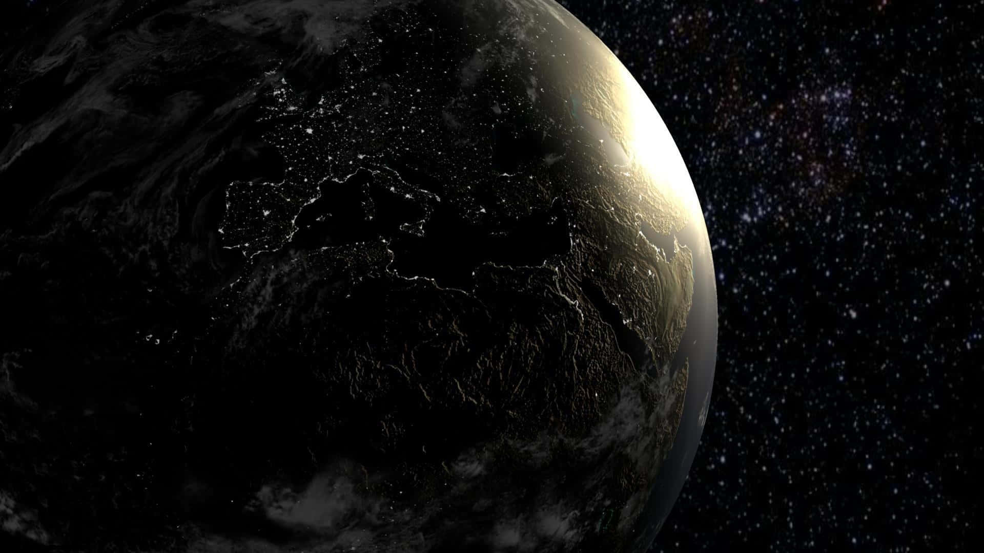 太空 桌布 壁紙 — 從太空看到地球的壯麗景色，城市燈光在黑暗的大陸上閃爍，背景是繁星點點的宇宙。