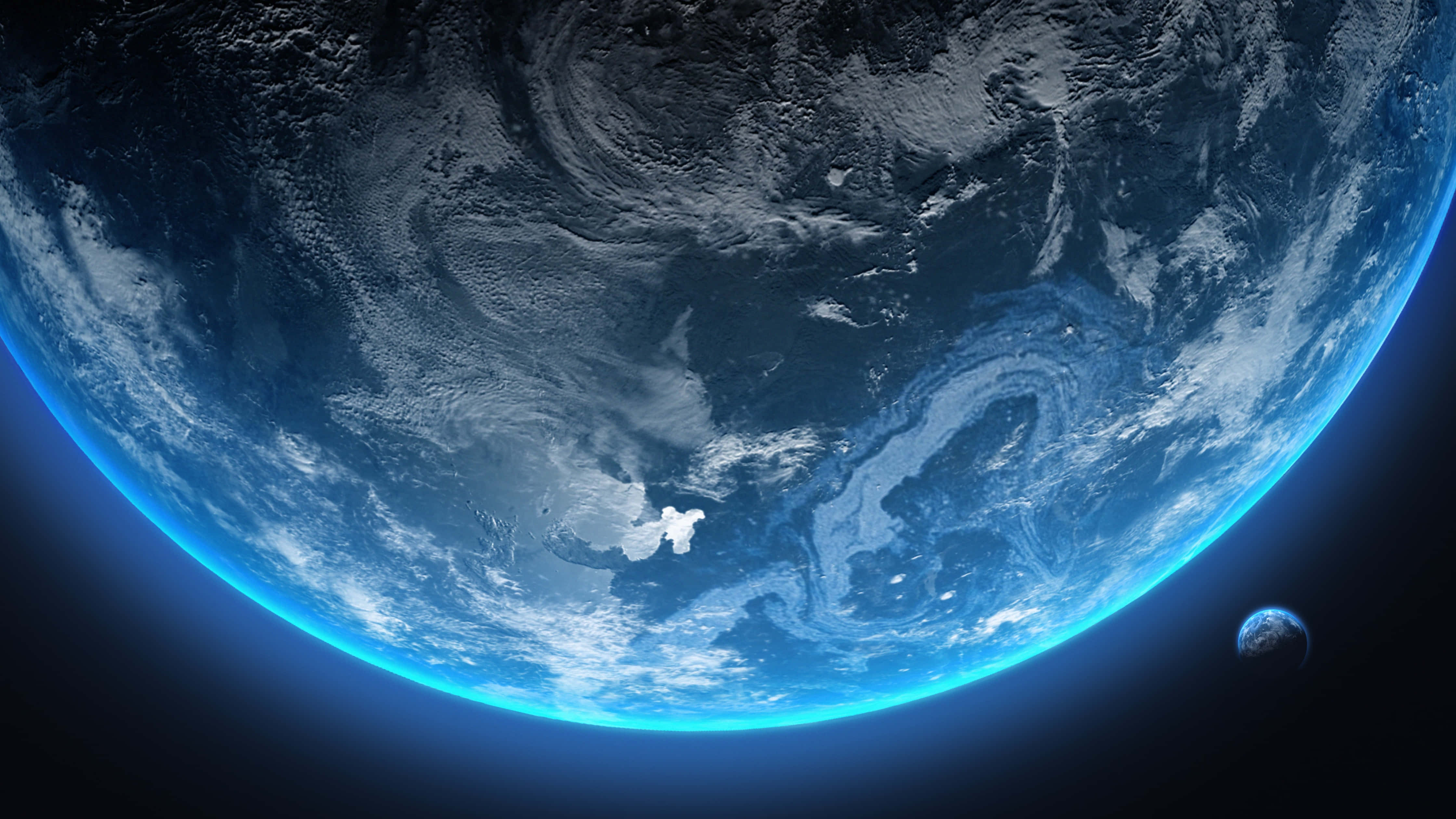桌布 壁紙 — 從太空看到地球的壯麗景色，展示出旋轉的雲層和充滿活力的藍色海洋，附近還有一顆小月亮。
