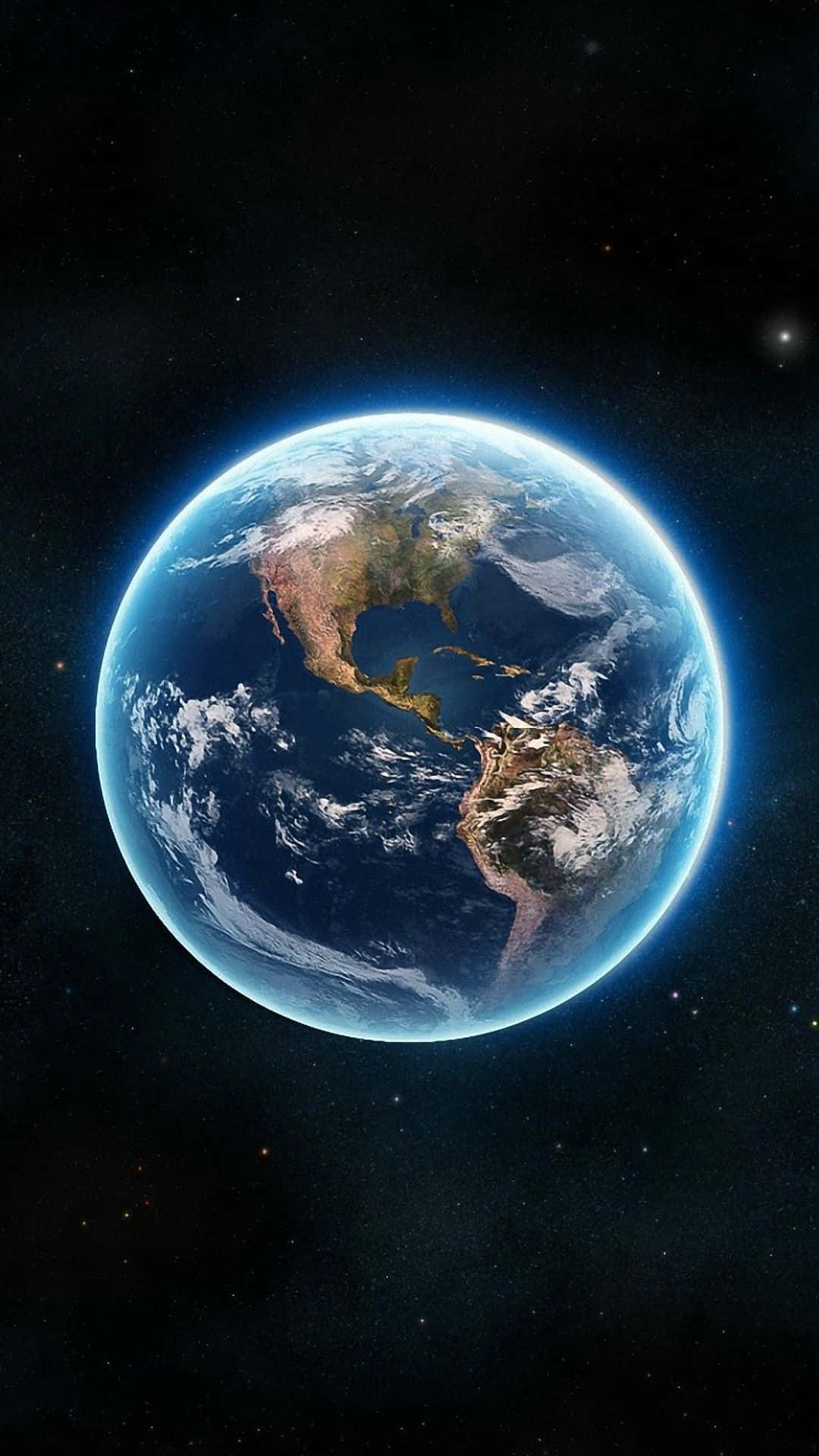 地球 桌布 壁紙 — 從太空看到地球的壯麗景色，展示北美洲和南美洲，湛藍的海洋和旋轉的白雲，背景是繁星點點的黑色虛空。
