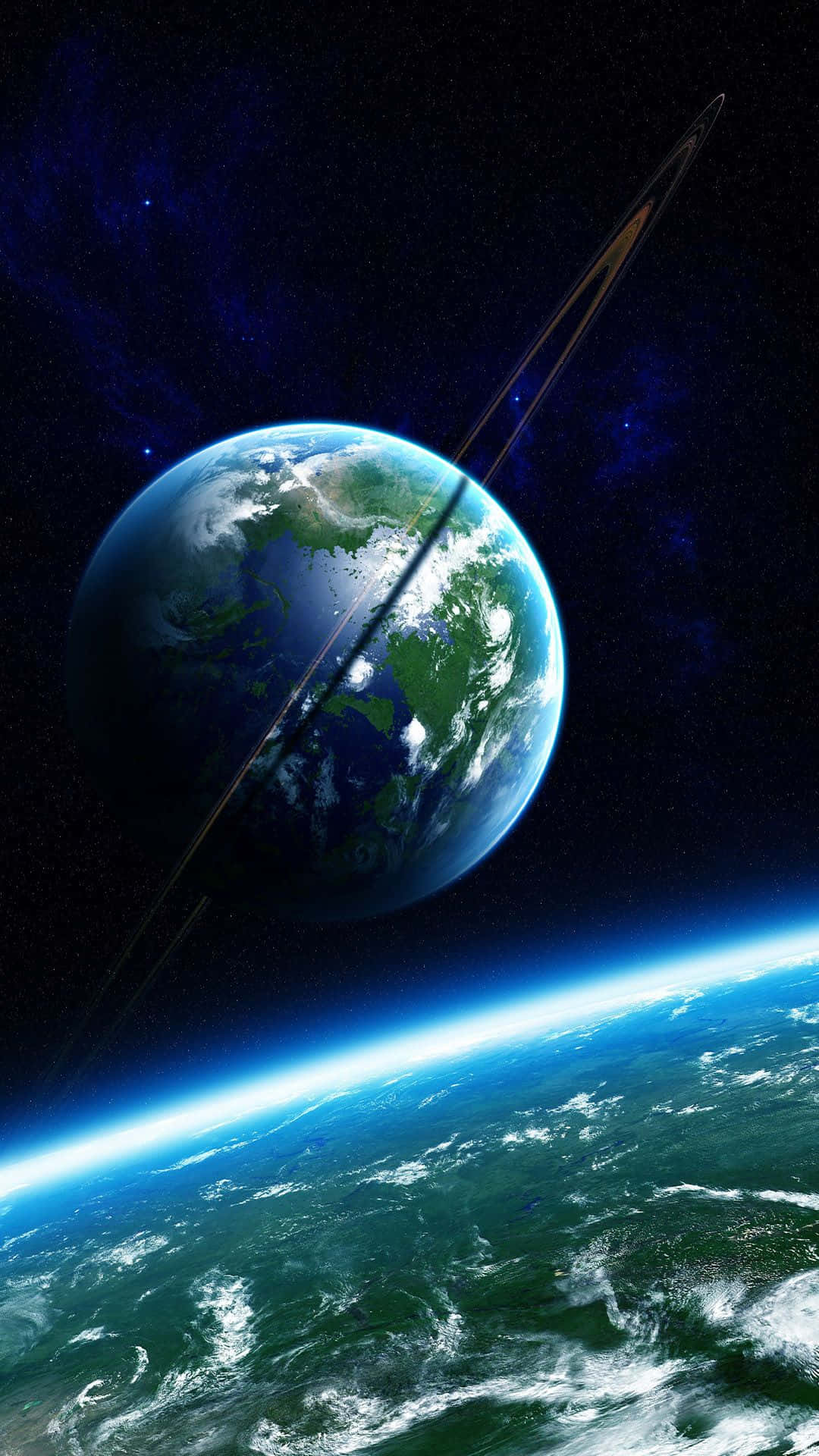 Exoplanet 桌布 壁紙 — 從太空看到地球的壯麗景色，帶有發光的大氣曲線和衛星在繁星宇宙背景下運行。