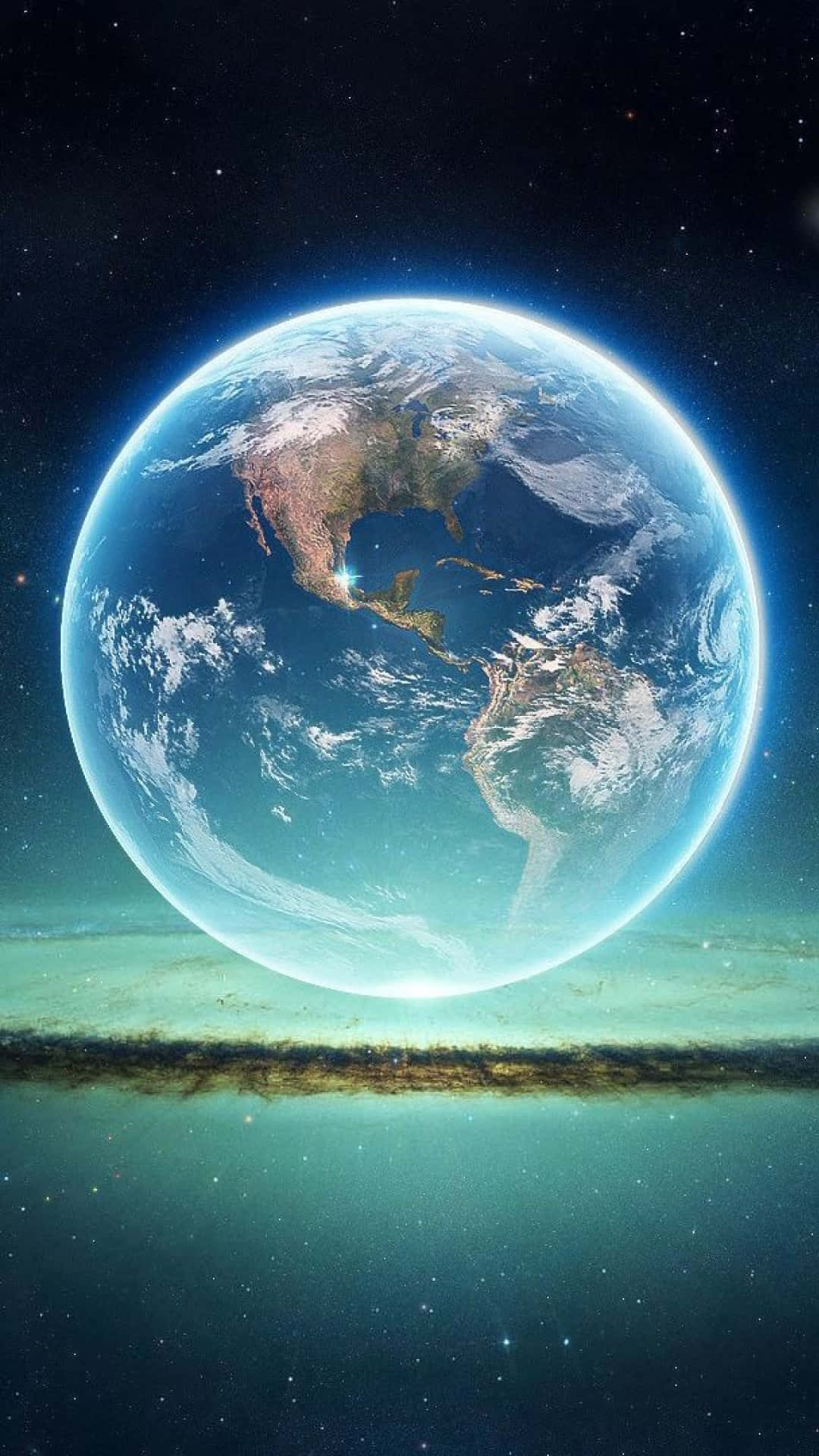 地球 桌布 壁紙 — 從太空看到地球的壯麗景色，散發著藍色光環，背景是繁星點點的宇宙。