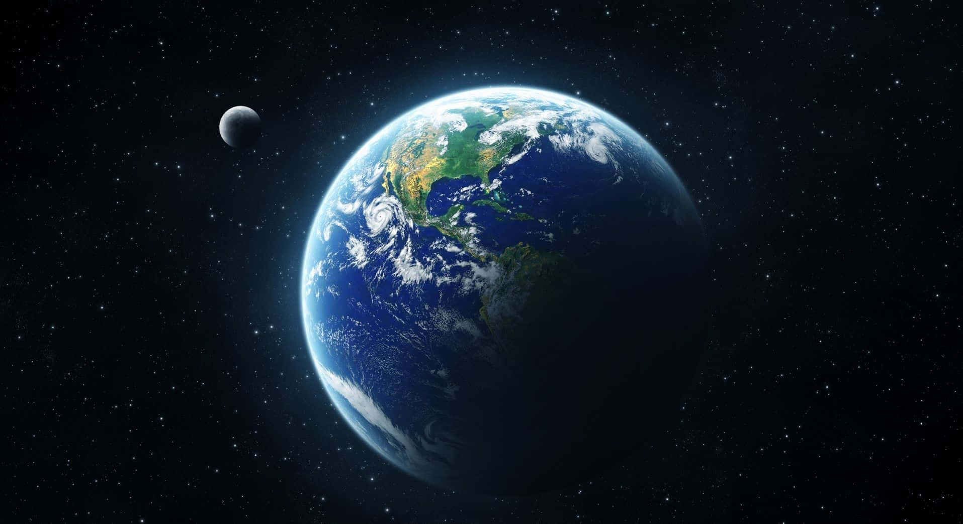 Earth Science 桌布 壁紙 — 從太空看到地球的壯麗景色，月球在附近，星星點綴著黑色的虛空。
