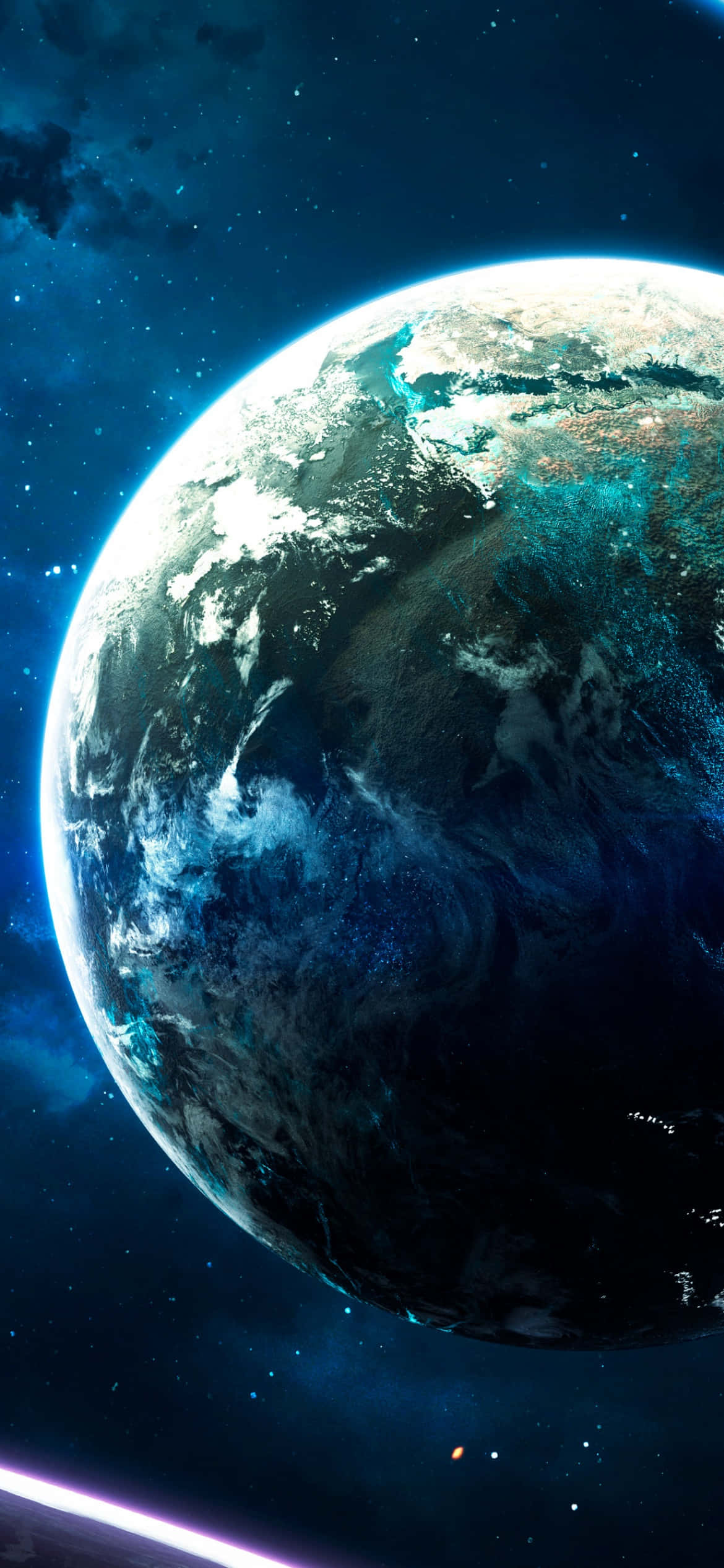 地球 桌布 壁紙 — 從太空看到地球的壯麗景色，藍色海洋、白色雲層和旋轉的大氣圖案在星光宇宙背景下閃耀。